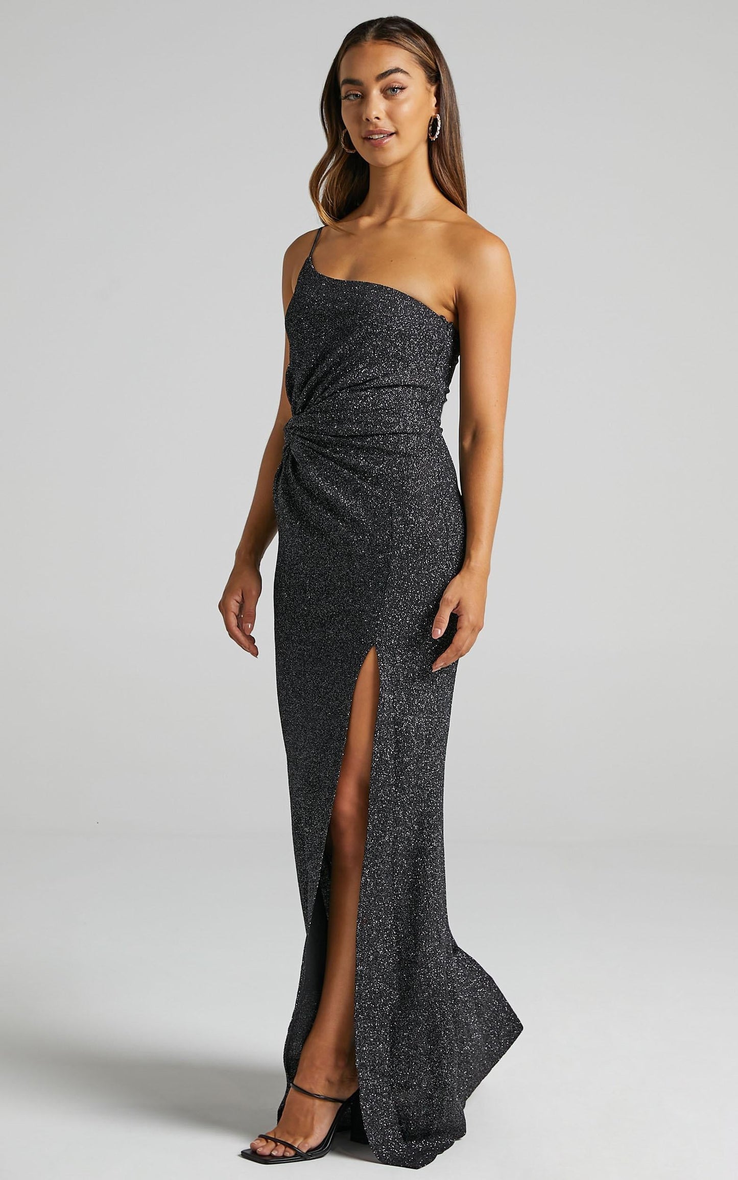 Gwen One Shoulder Maxi Dress in Black Sparkle