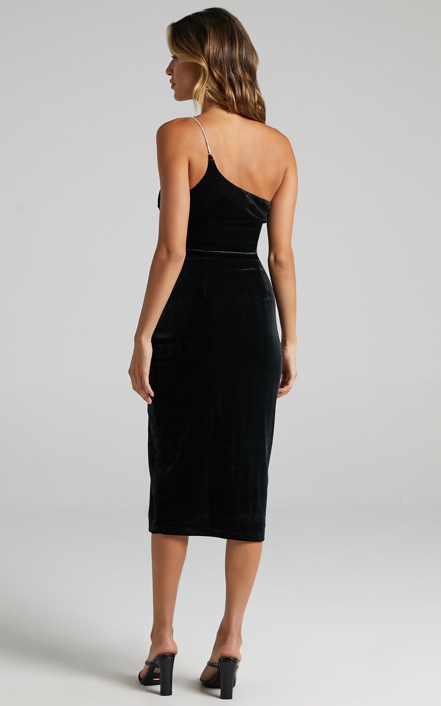 Deni Diamante Strap Midi Dress in Black Velvet