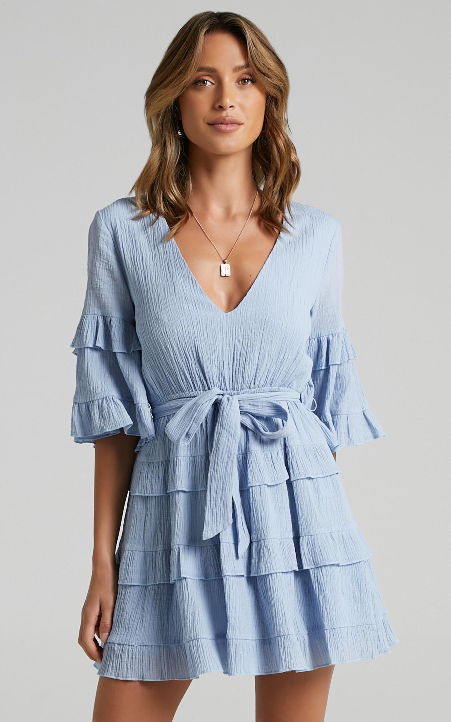 Meet Me In The Sun Tie Waist Tiered Mini Dress in Blue