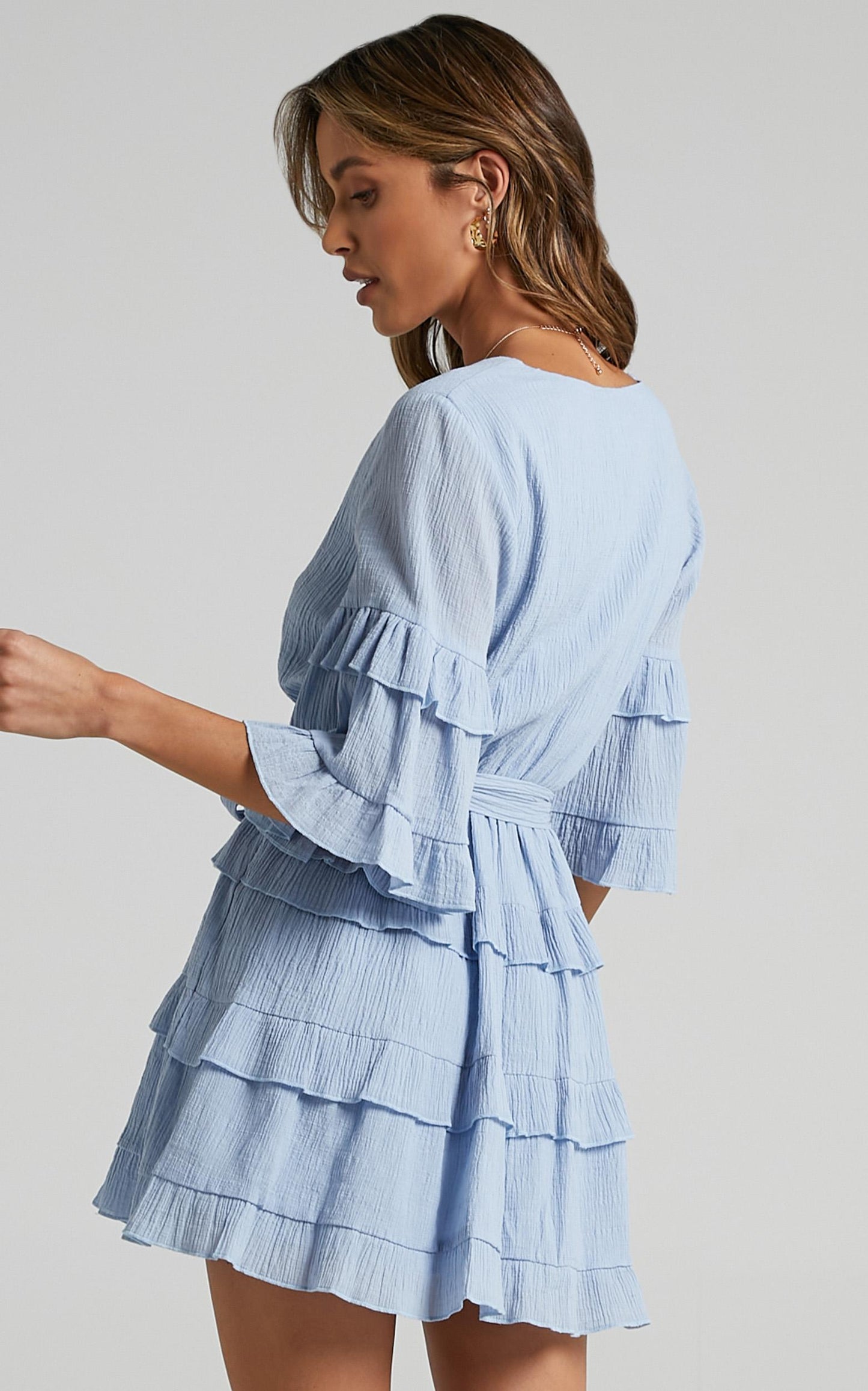 Meet Me In The Sun Tie Waist Tiered Mini Dress in Blue