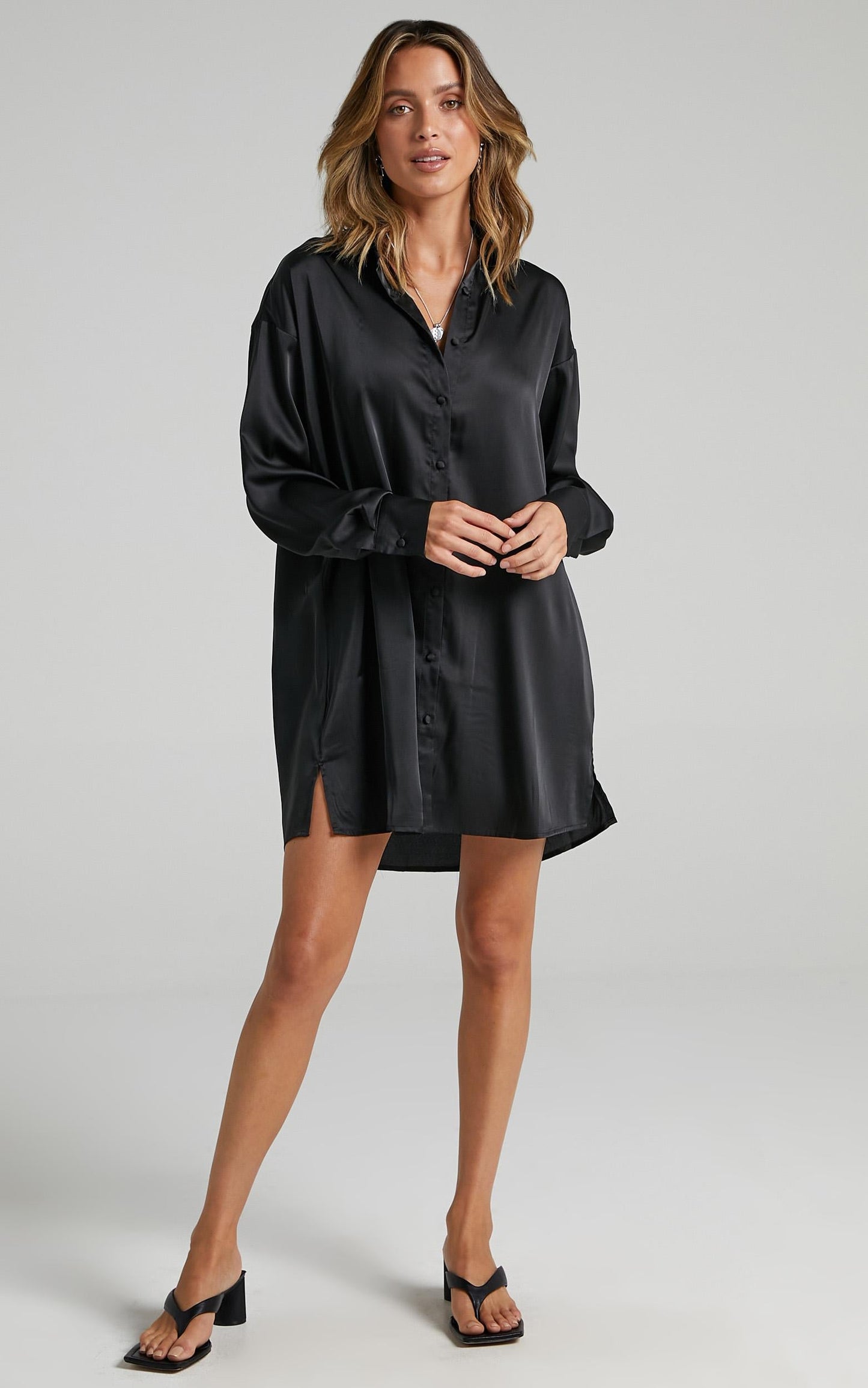 Desiree Shirt Dress in Black Satin
