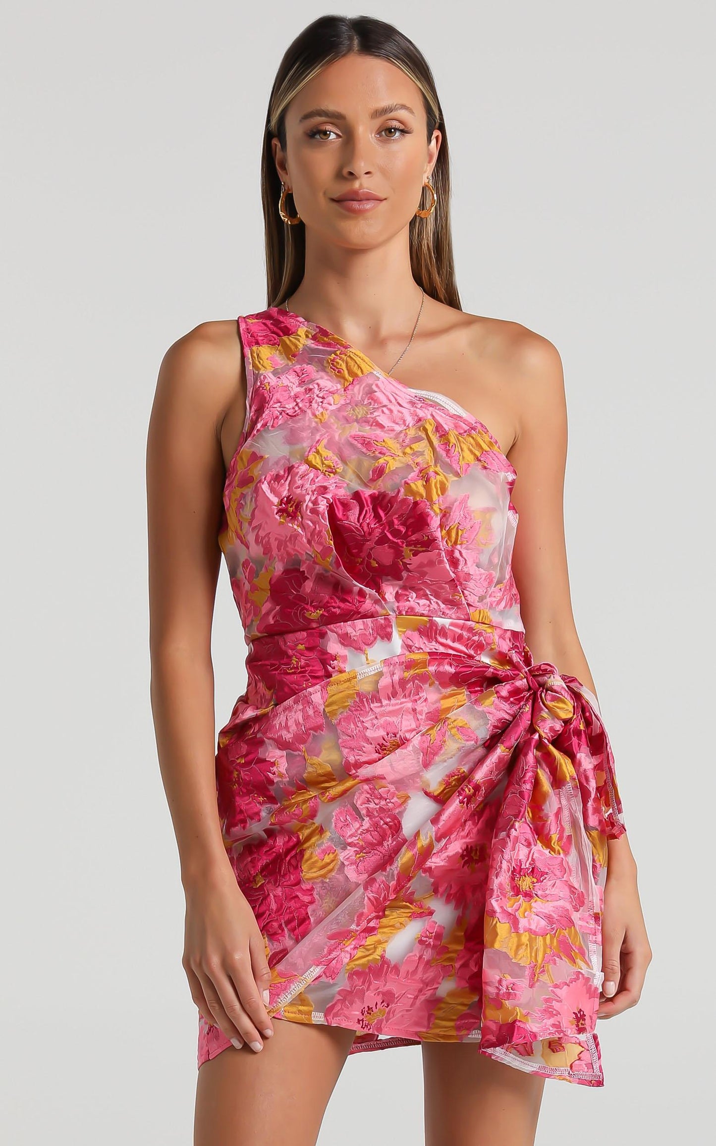 Hailey Mini Dress - One Shoulder Dress in Pink Floral