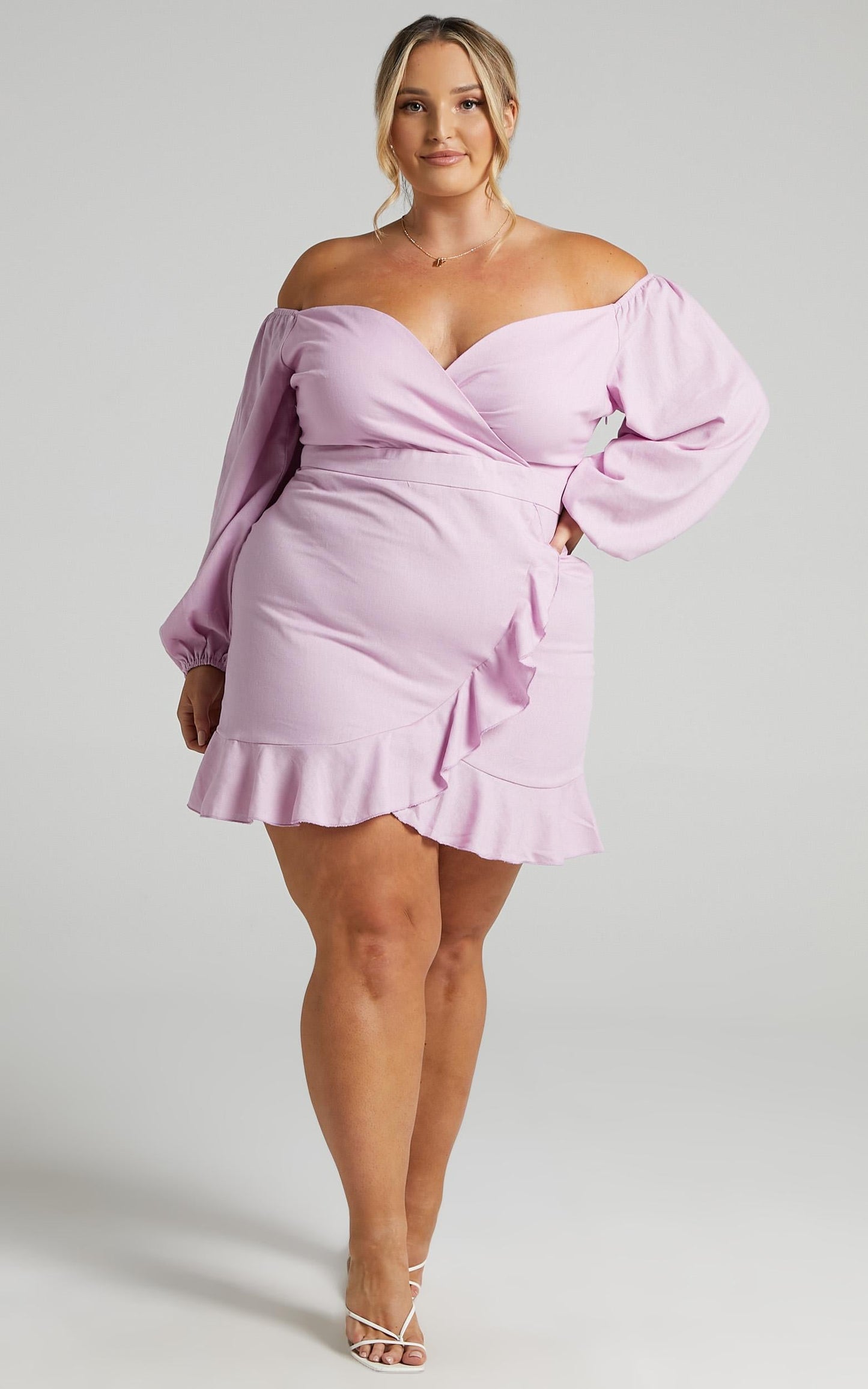 Cant Move On Off Shoulder Mini Linen Blend Dress in Lilac Linen Look