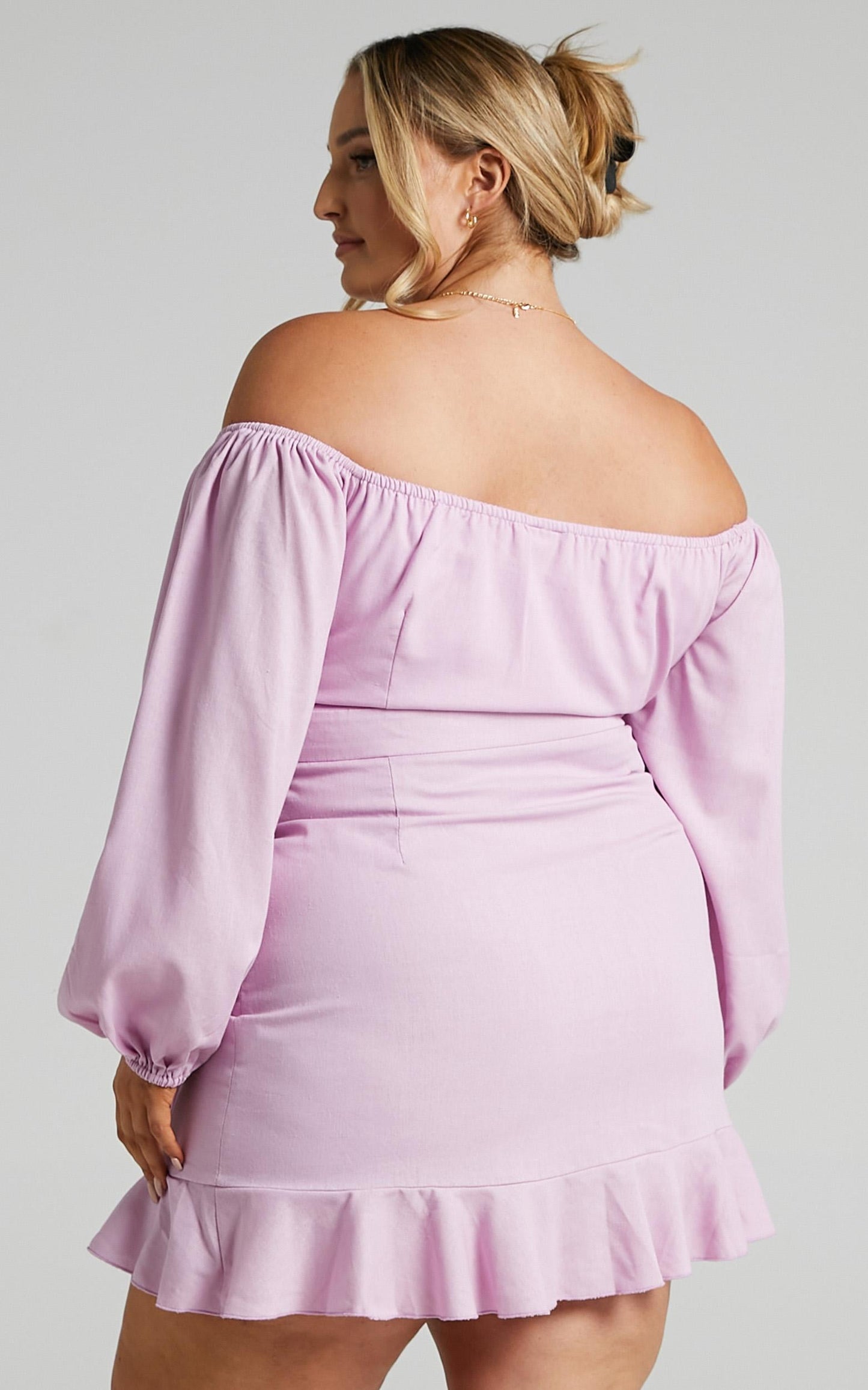 Cant Move On Off Shoulder Mini Linen Blend Dress in Lilac Linen Look