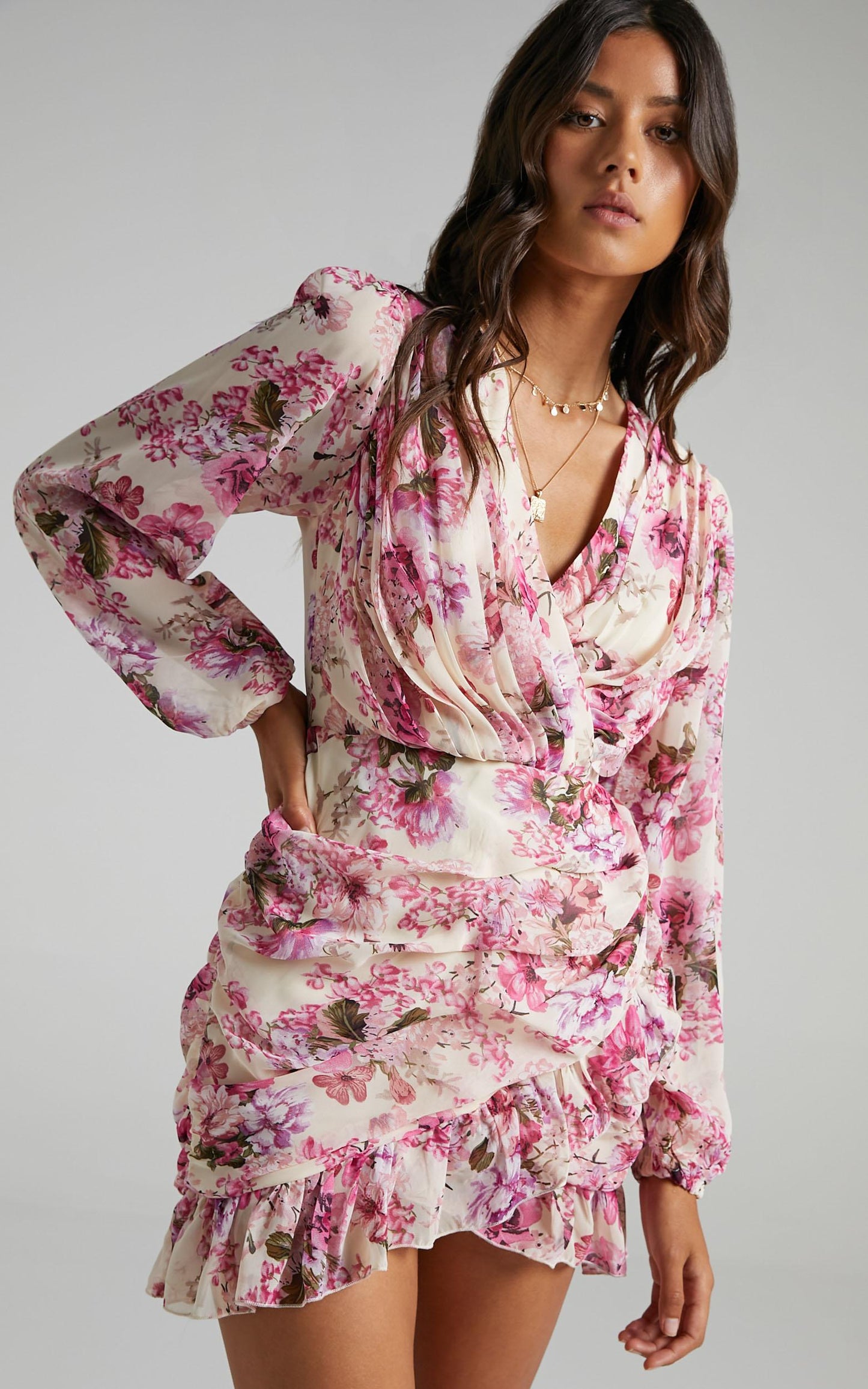 Can I Be Your Honey Mini Dress - Plunge Balloon Sleeve Dress in Pink Floral