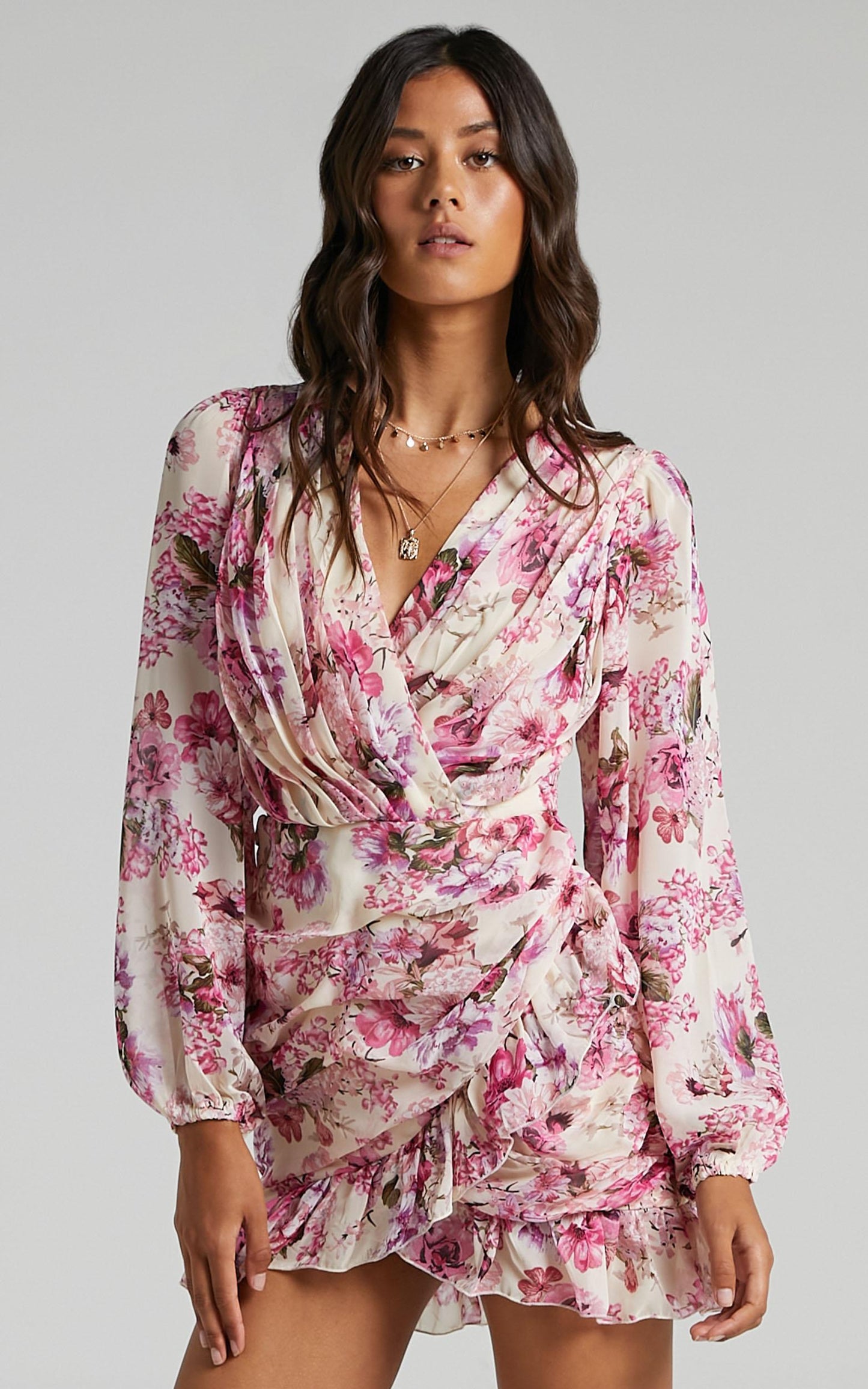 Can I Be Your Honey Mini Dress - Plunge Balloon Sleeve Dress in Pink Floral