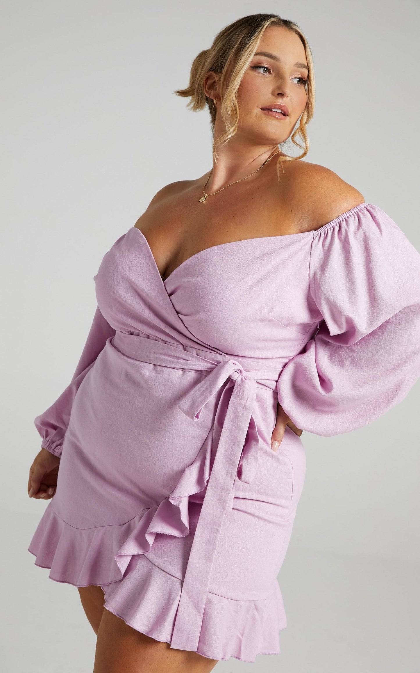 Cant Move On Off Shoulder Mini Linen Blend Dress in Lilac Linen Look