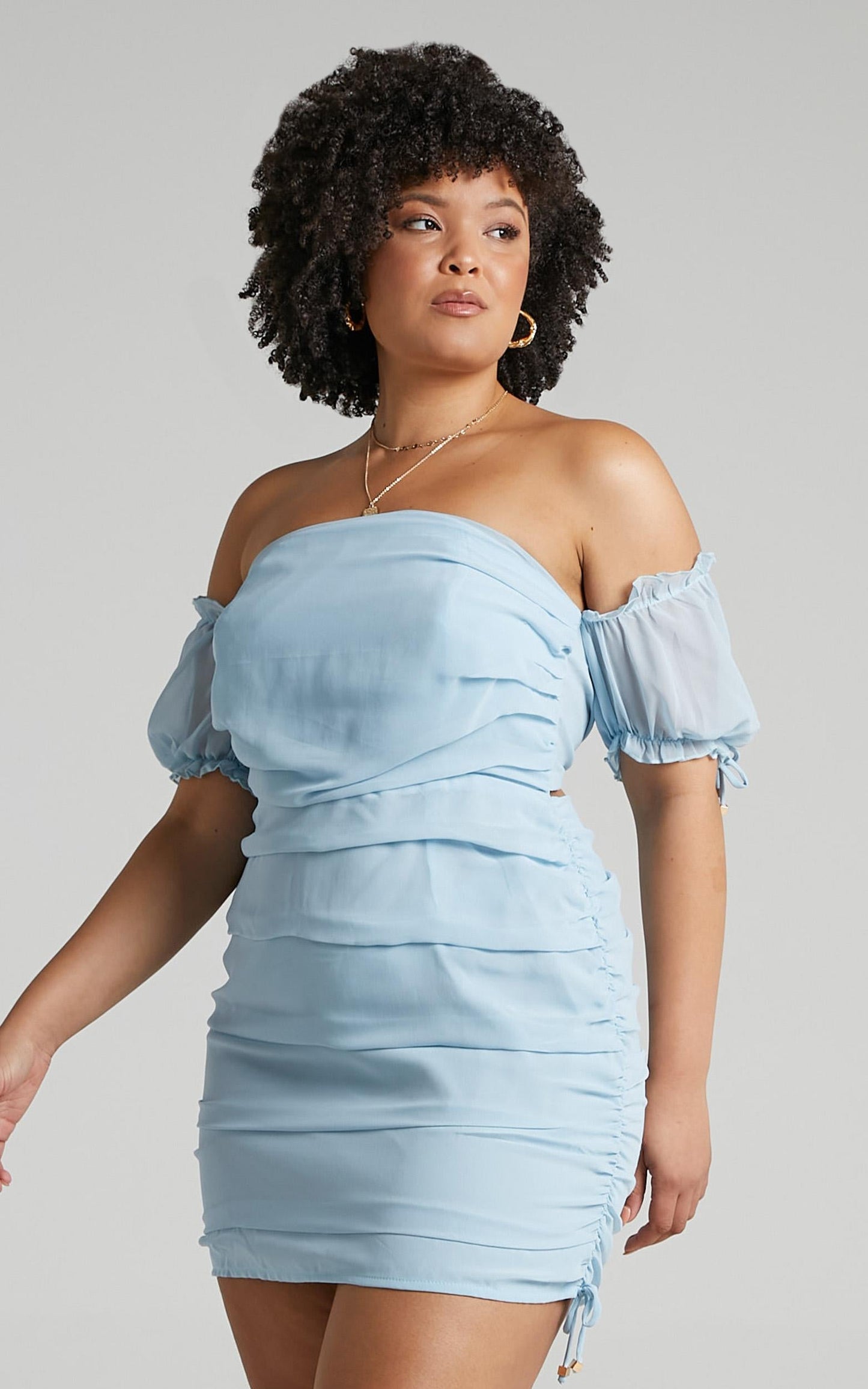 Cant Get You Off My Mind Off The Shoulder Mini Dress in Powder Blue
