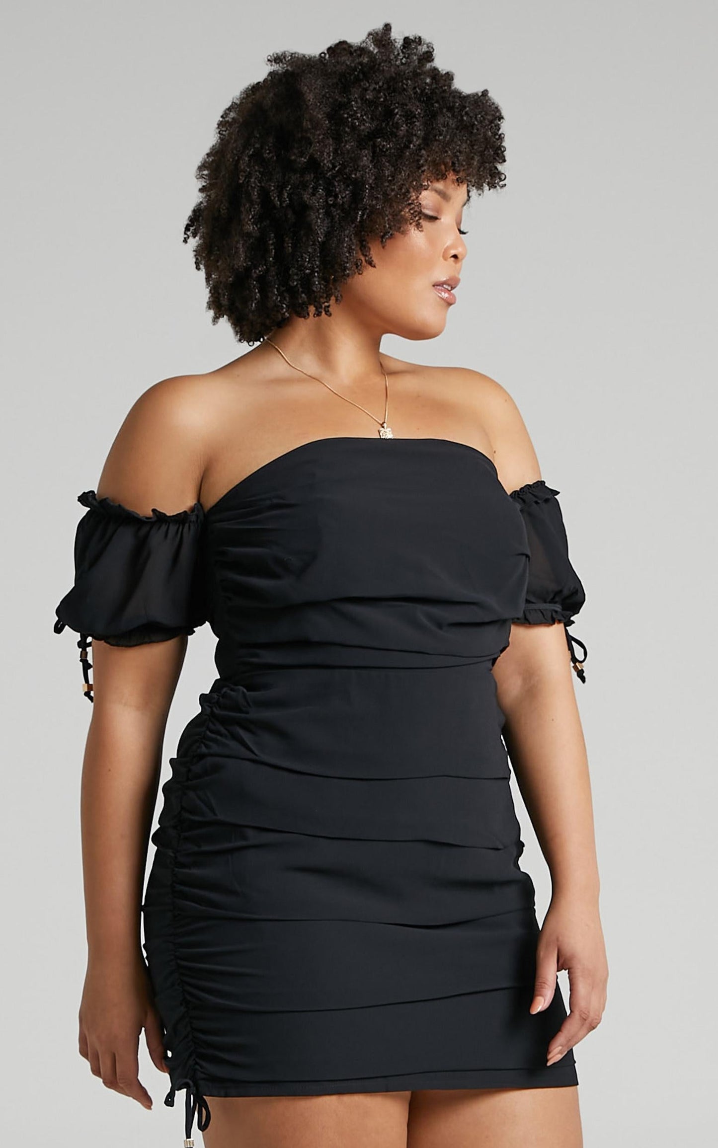 Cant Get You Off My Mind Off The Shoulder Mini Dress in Black