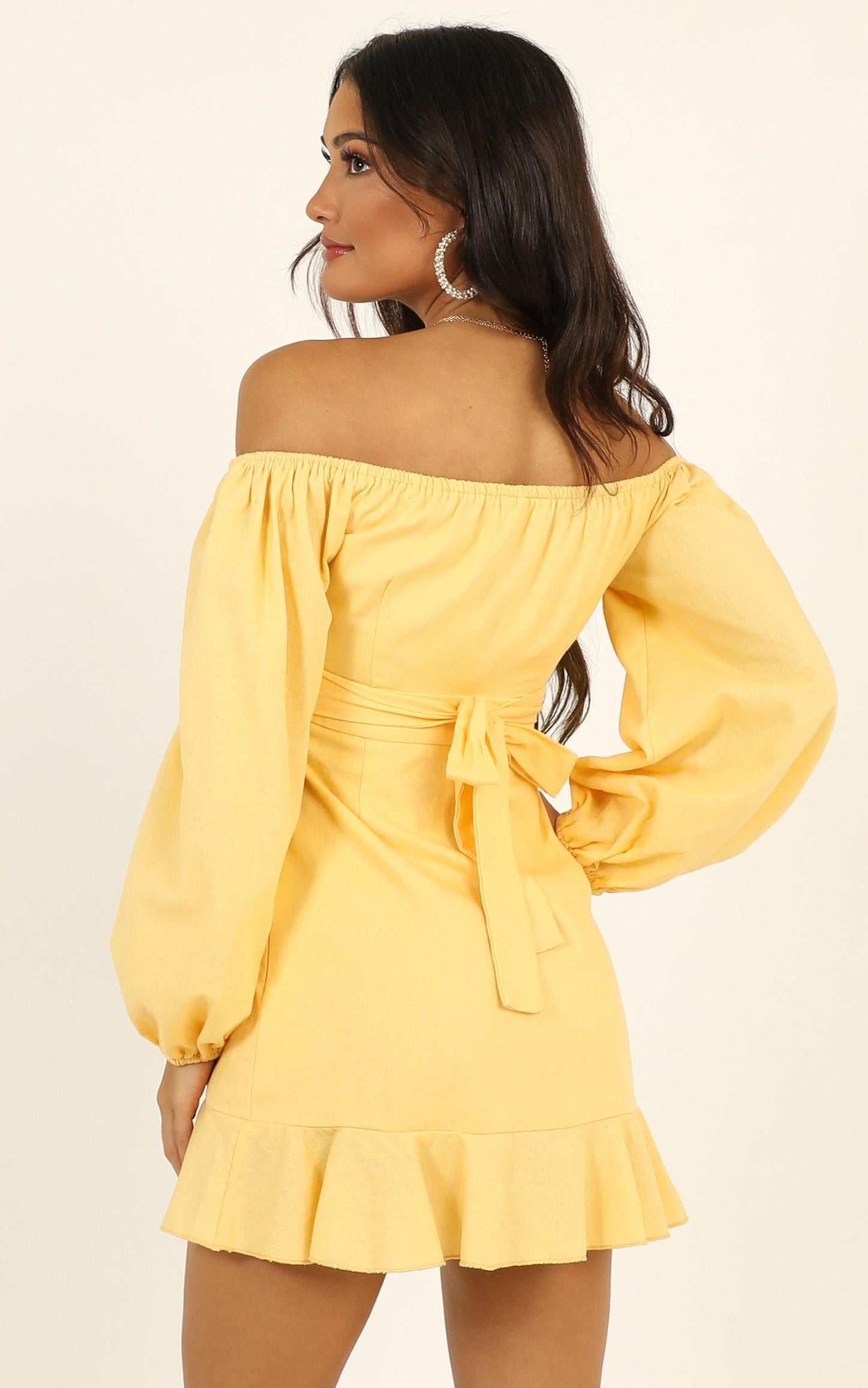 Cant Move On Off Shoulder Mini Dress in Lemon Linen Look