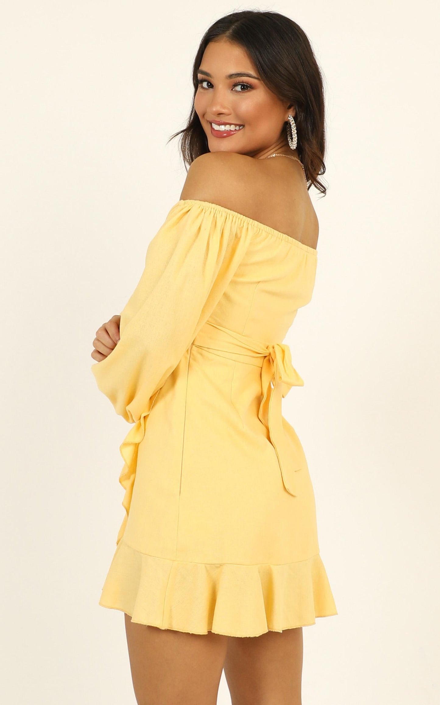 Cant Move On Off Shoulder Mini Dress in Lemon Linen Look