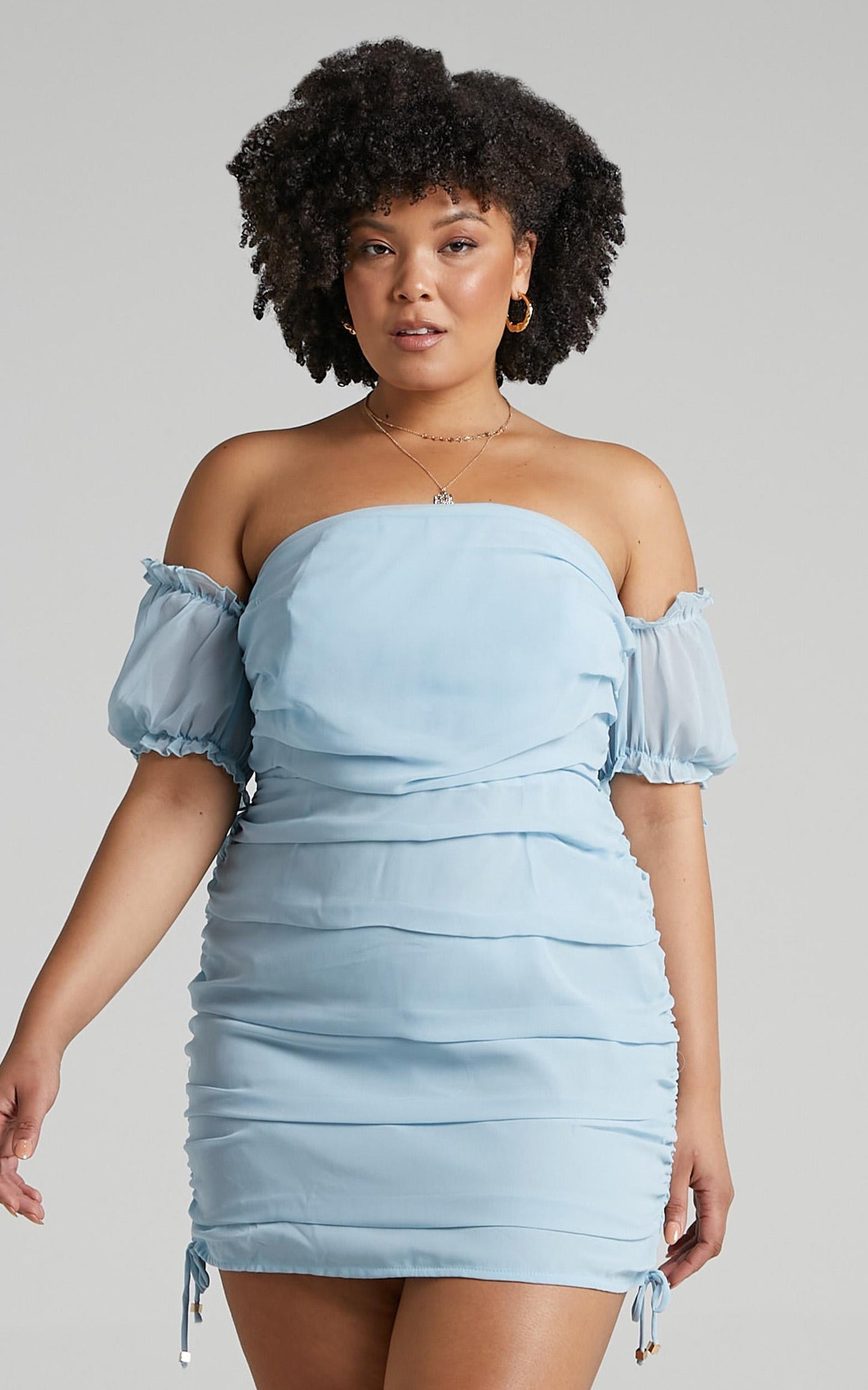 Cant Get You Off My Mind Off The Shoulder Mini Dress in Powder Blue