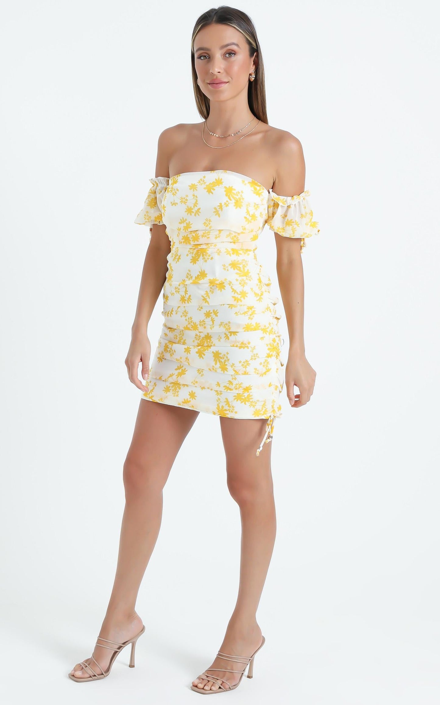 Cant Get You Off My Mind Off The Shoulder Mini Dress in Yellow
