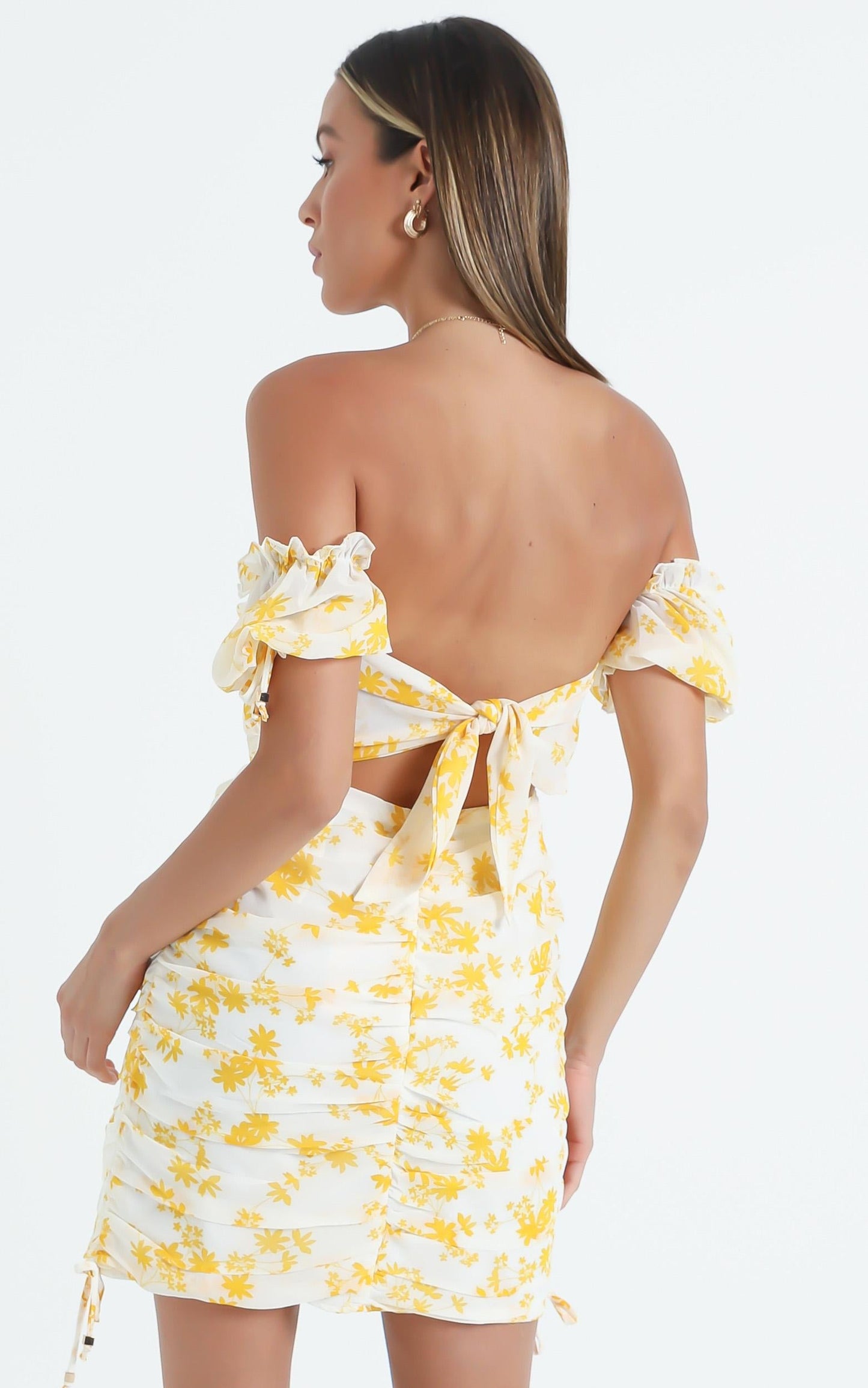 Cant Get You Off My Mind Off The Shoulder Mini Dress in Yellow