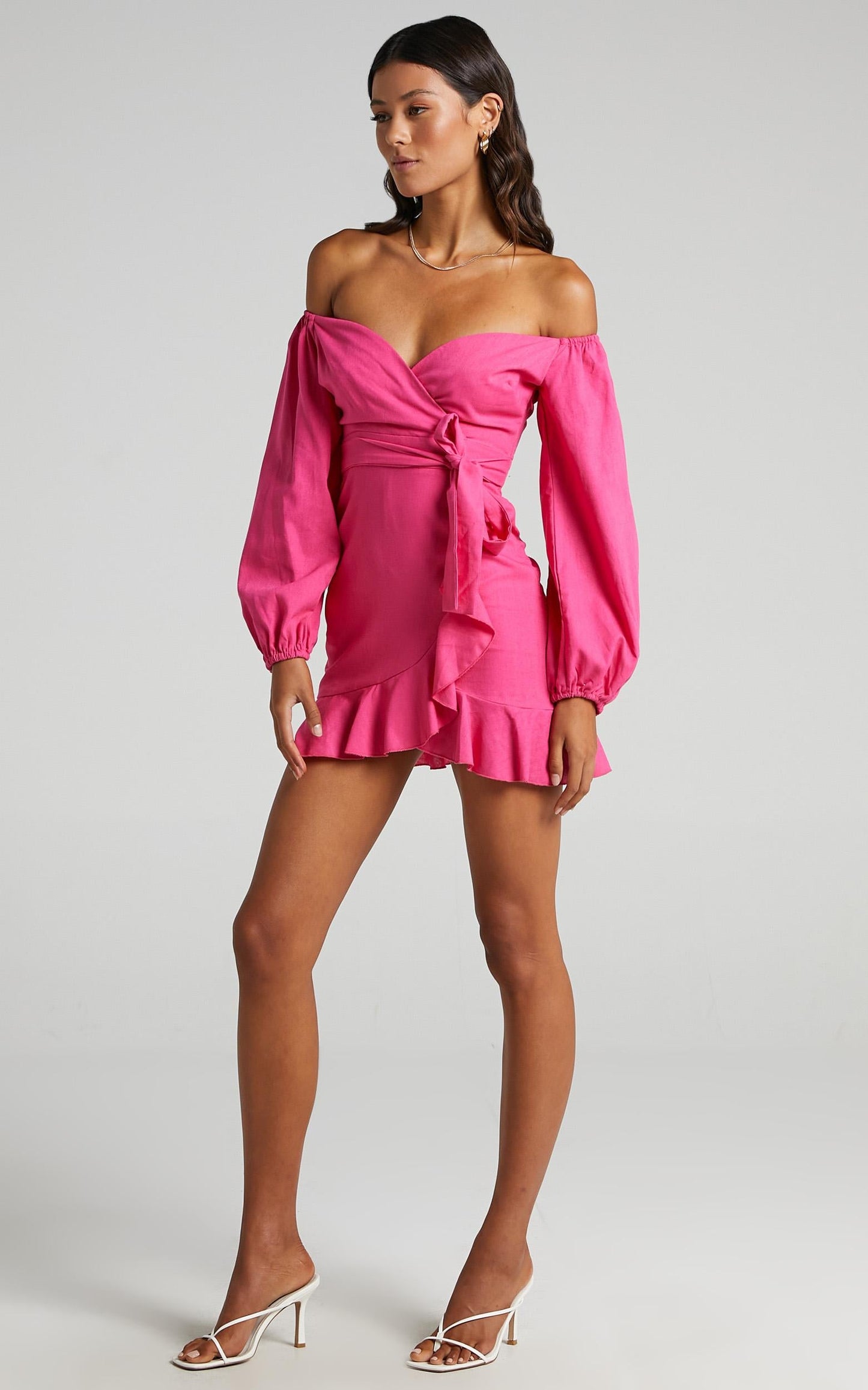 Cant Move On Off Shoulder Mini Dress in Hot Pink Linen Look