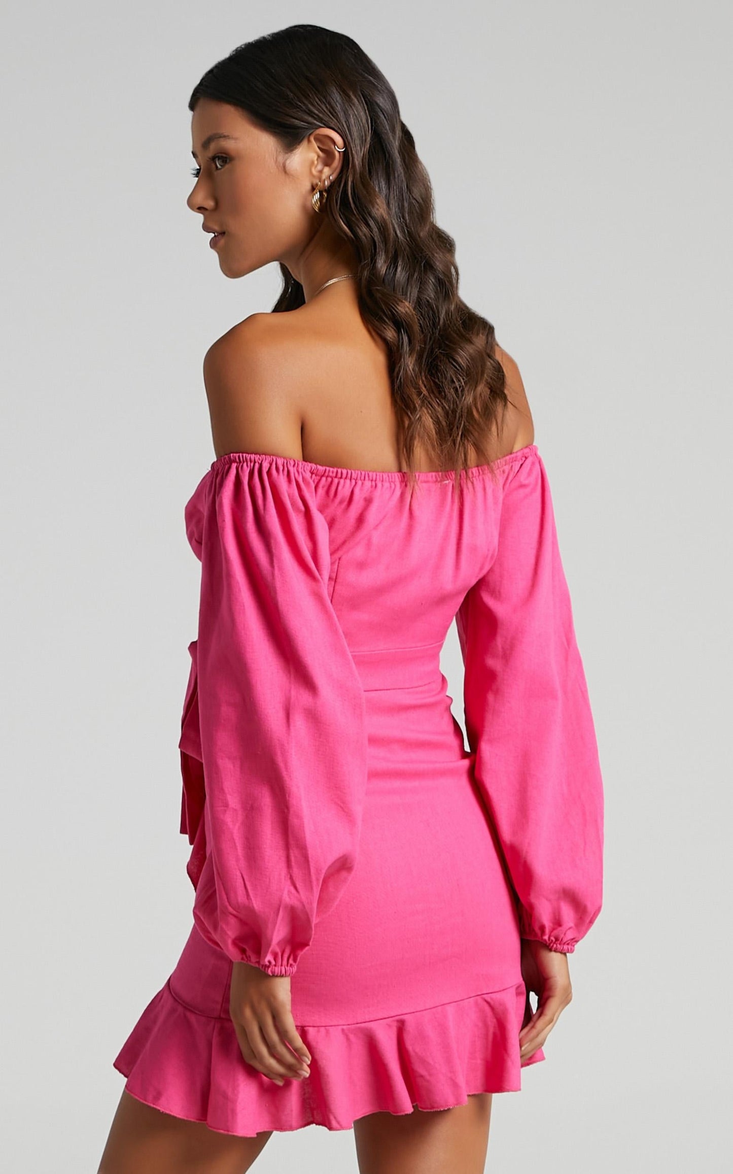 Cant Move On Off Shoulder Mini Dress in Hot Pink Linen Look