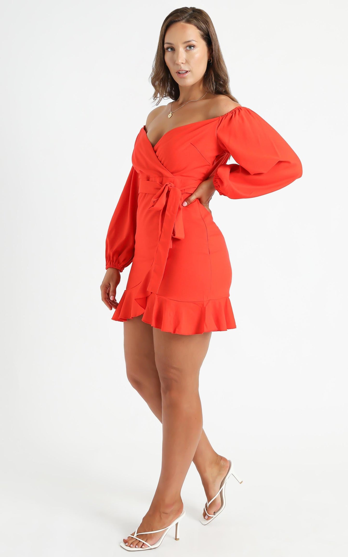 Cant Move On Off Shoulder Mini Dress in Tangerine Linen Look