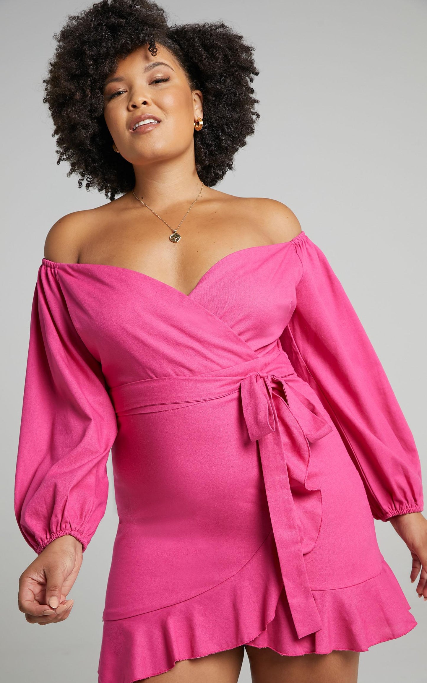 Cant Move On Off Shoulder Mini Dress in Hot Pink Linen Look