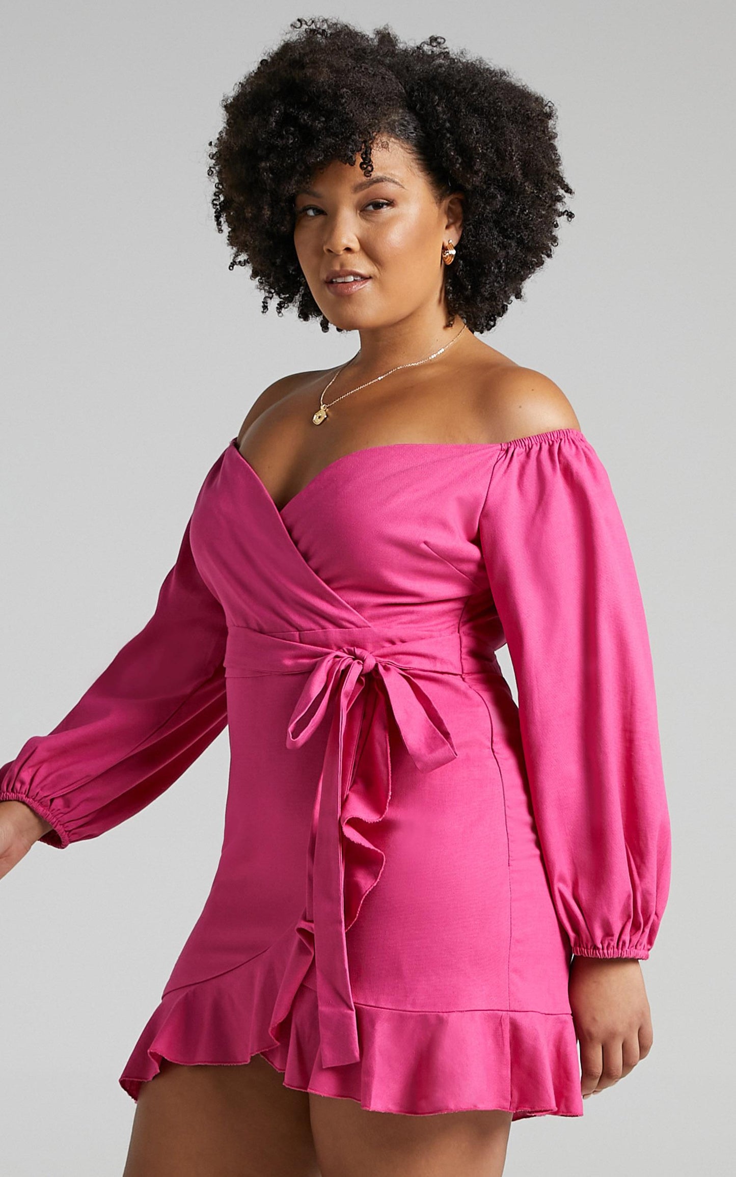 Cant Move On Off Shoulder Mini Dress in Hot Pink Linen Look