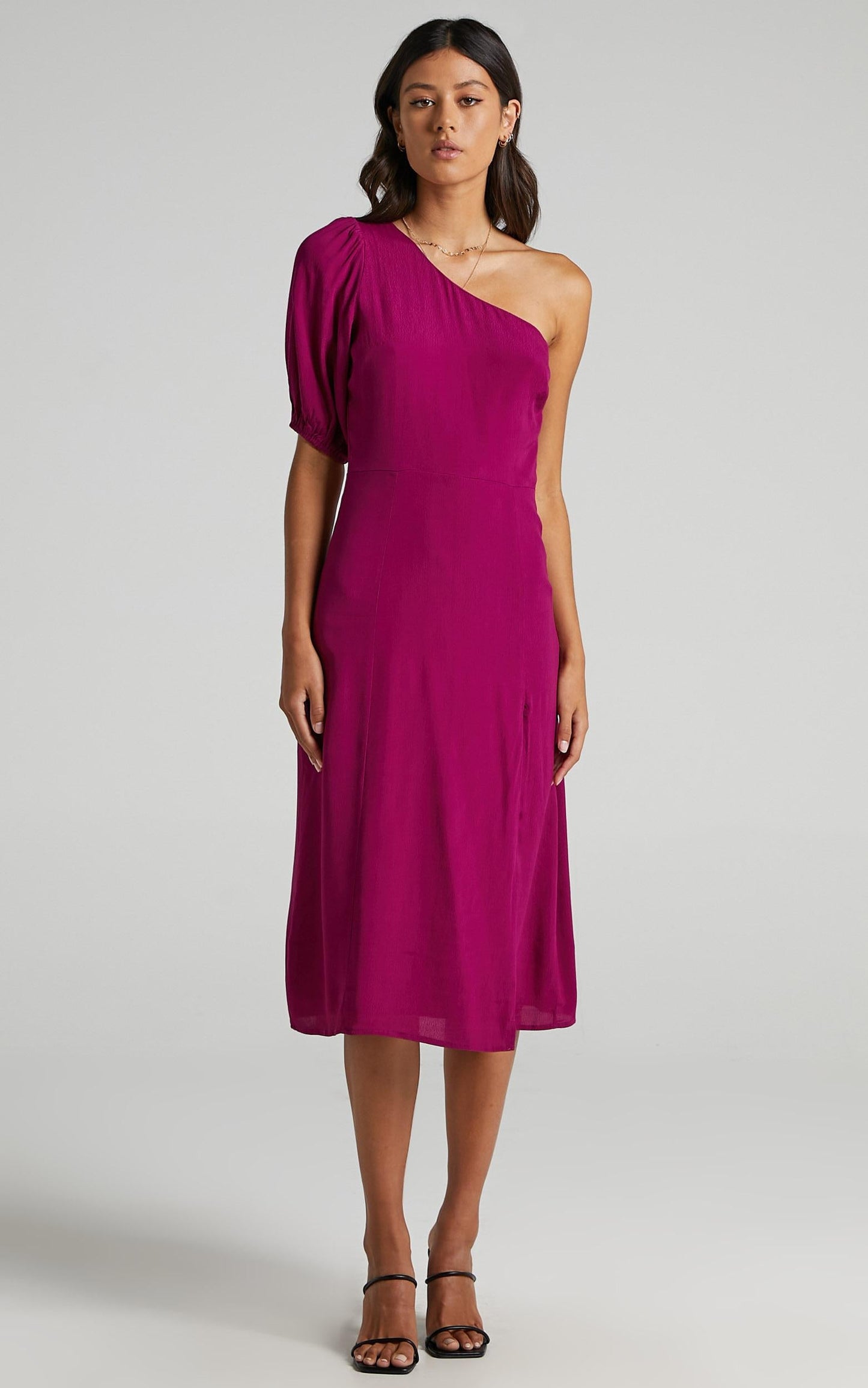Tatiana Midi Dress - One Shoulder Thigh Split Dress in Mulberry
