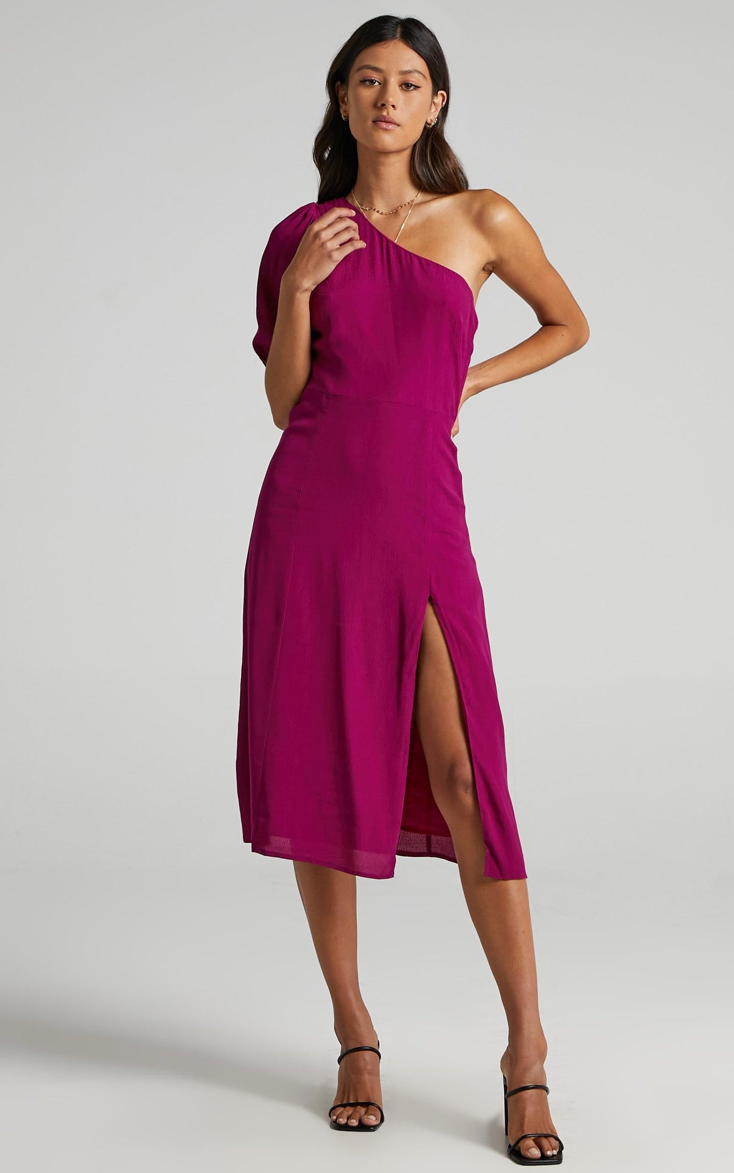 Tatiana Midi Dress - One Shoulder Thigh Split Dress in Mulberry