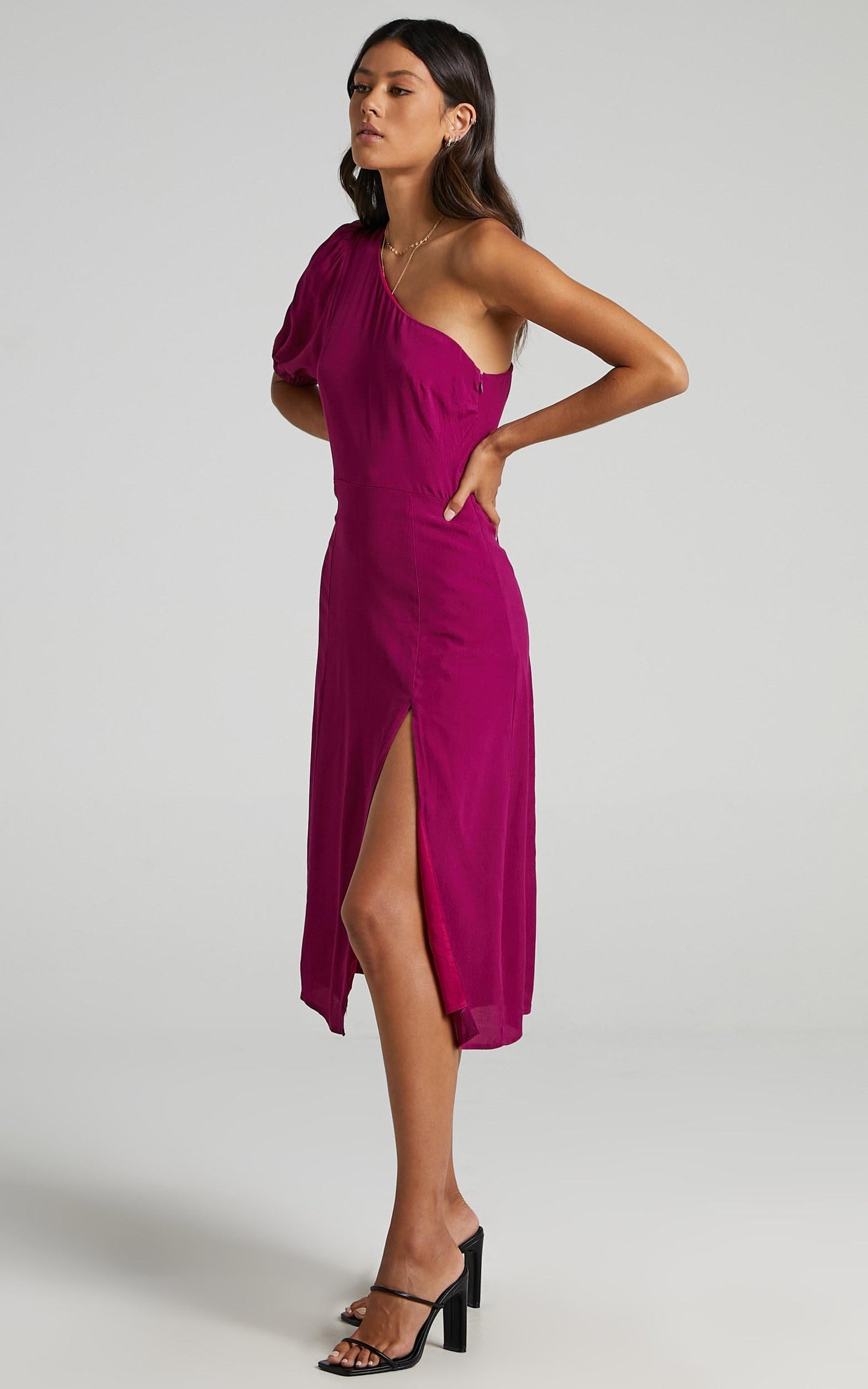 Tatiana Midi Dress - One Shoulder Thigh Split Dress in Mulberry