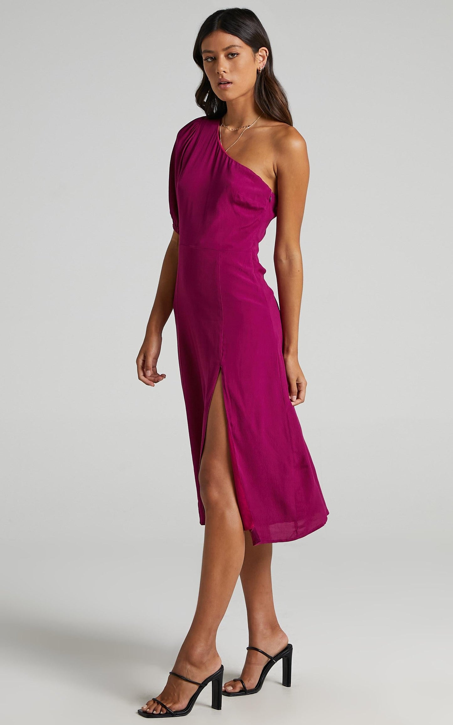 Tatiana Midi Dress - One Shoulder Thigh Split Dress in Mulberry