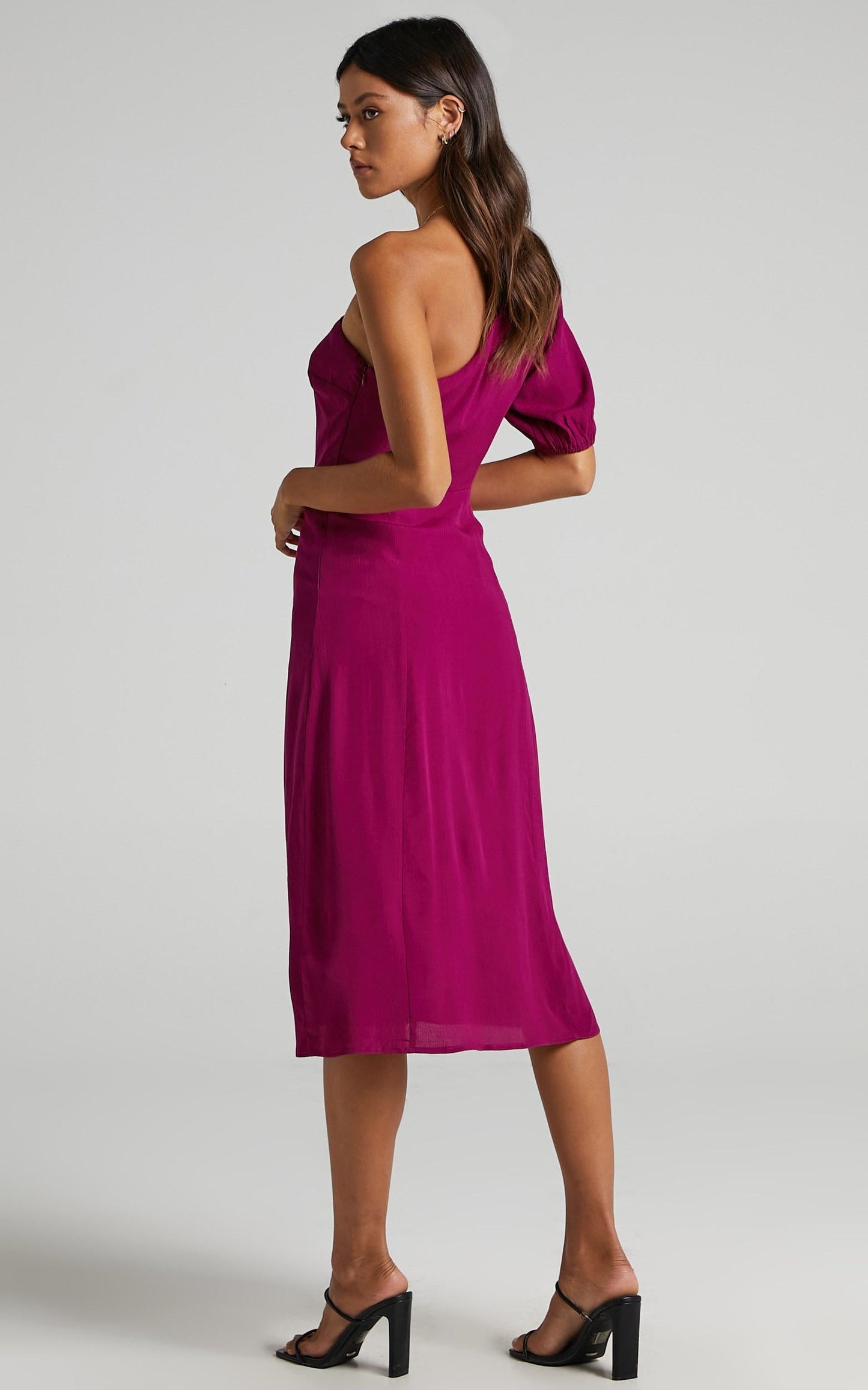 Tatiana Midi Dress - One Shoulder Thigh Split Dress in Mulberry