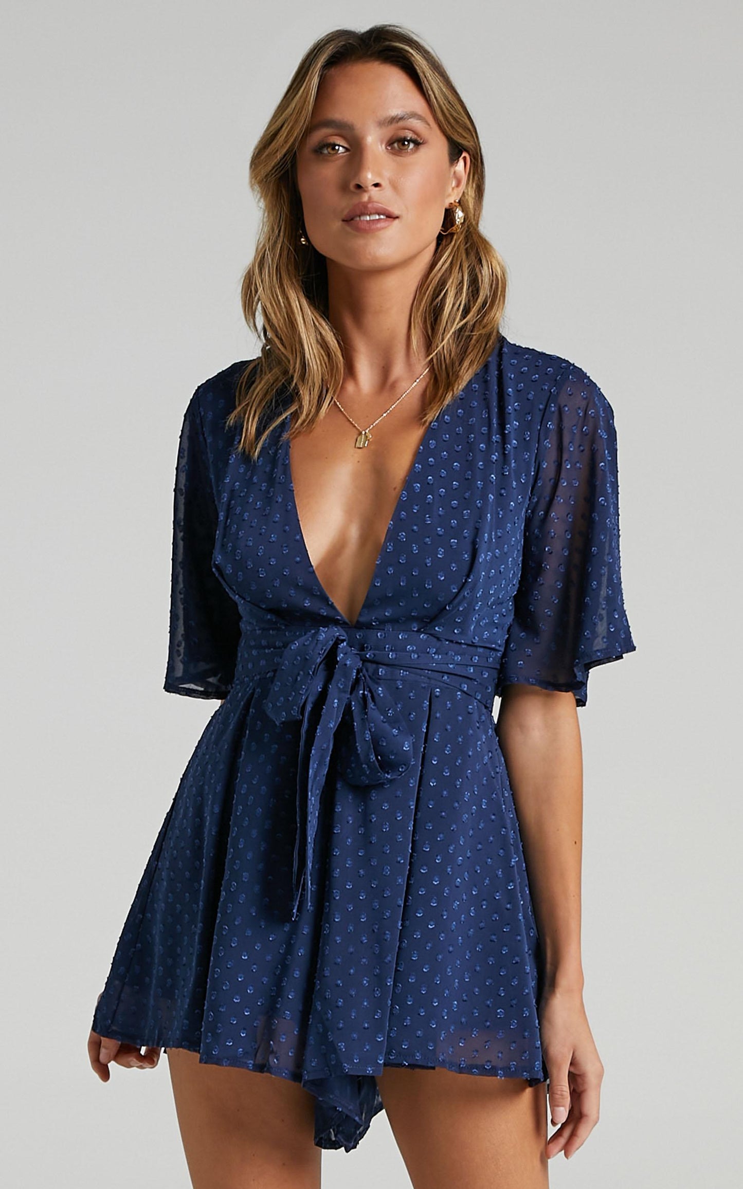 Chains Hit My Chest Plunge Mini Playsuit in Navy