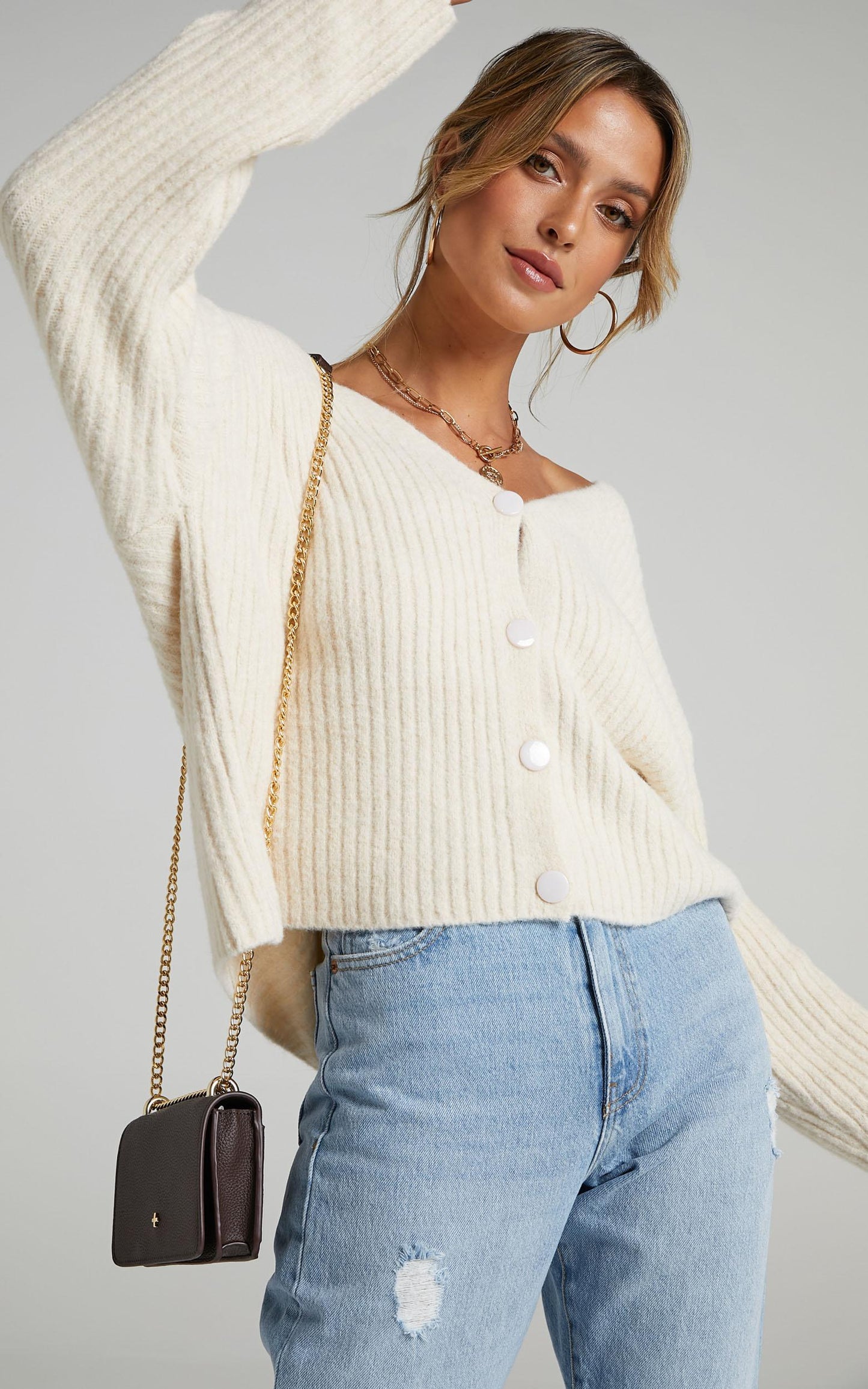 Charlize Cardigan - Button Through Knit Cardigan in Latte