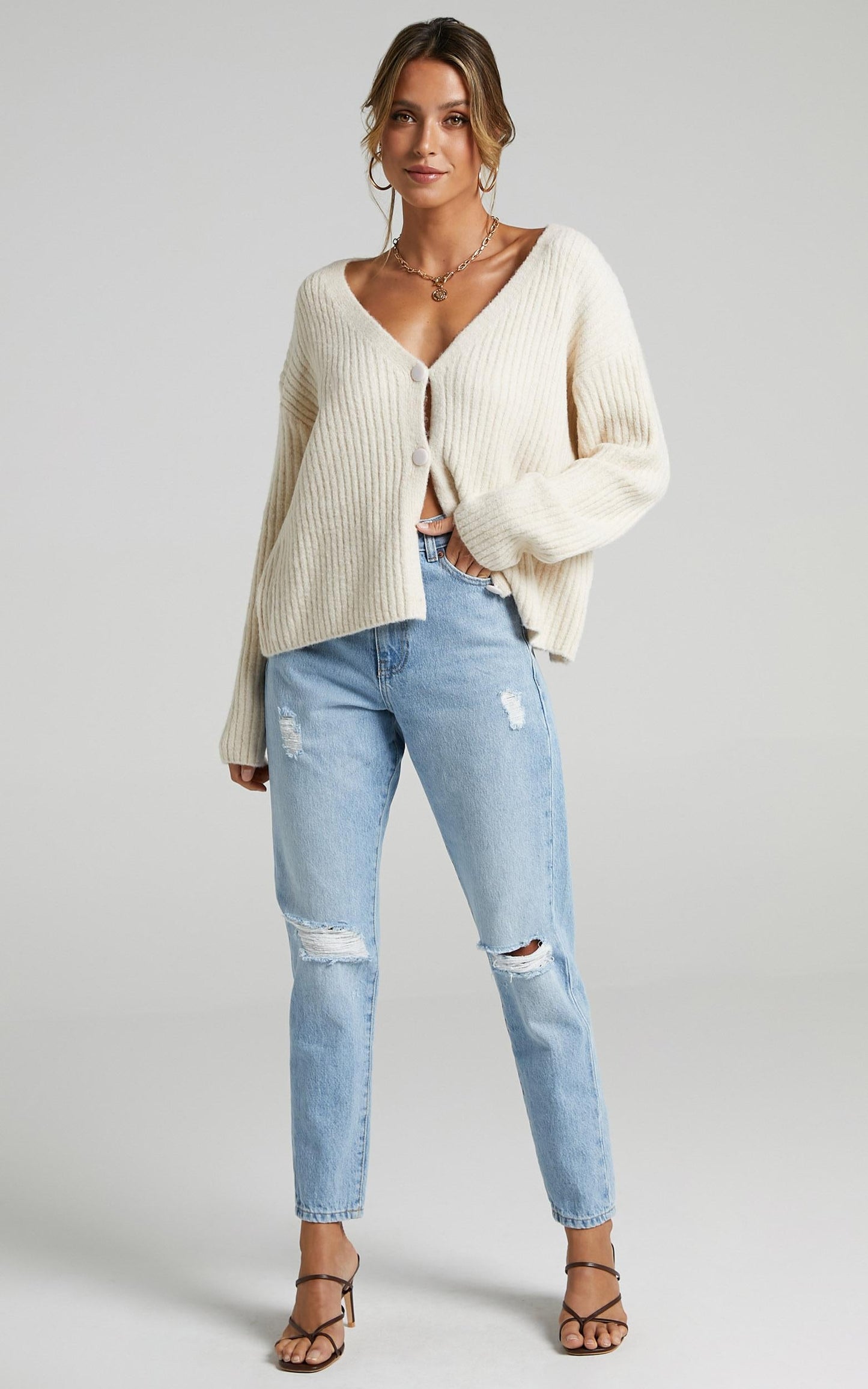 Charlize Cardigan - Button Through Knit Cardigan in Latte