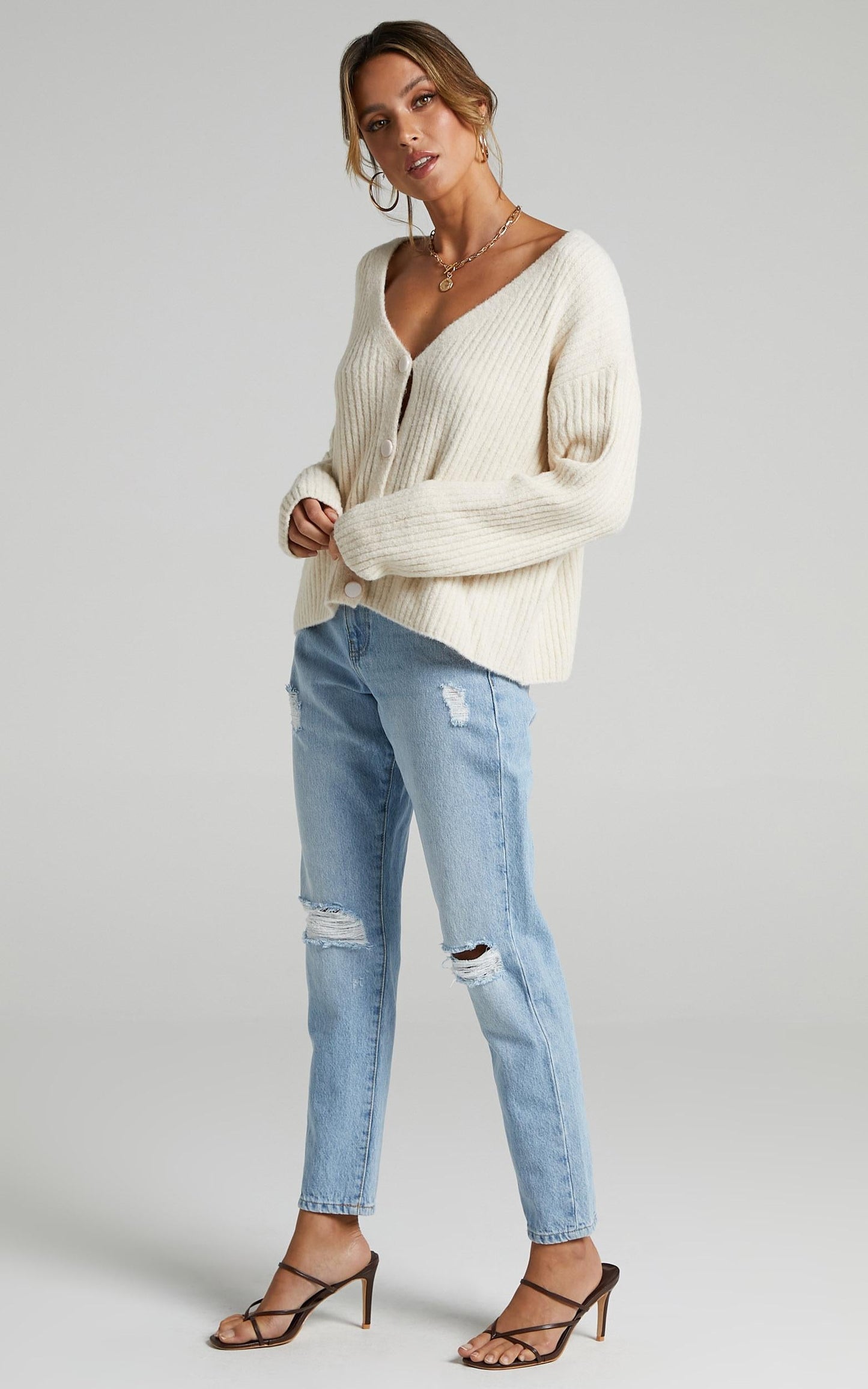 Charlize Cardigan - Button Through Knit Cardigan in Latte