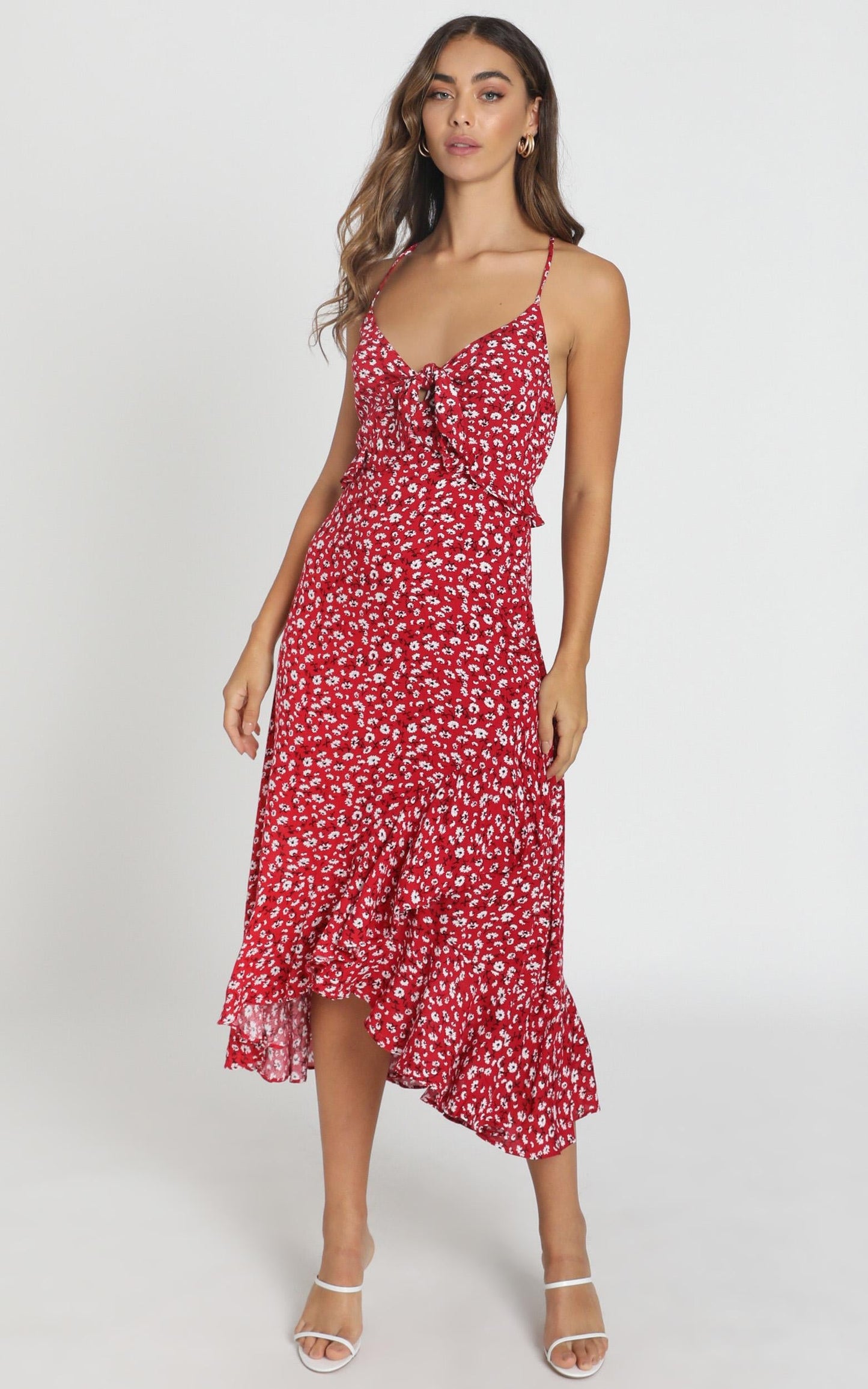 Chelsea Tie Front Midi Dress in Red Floral