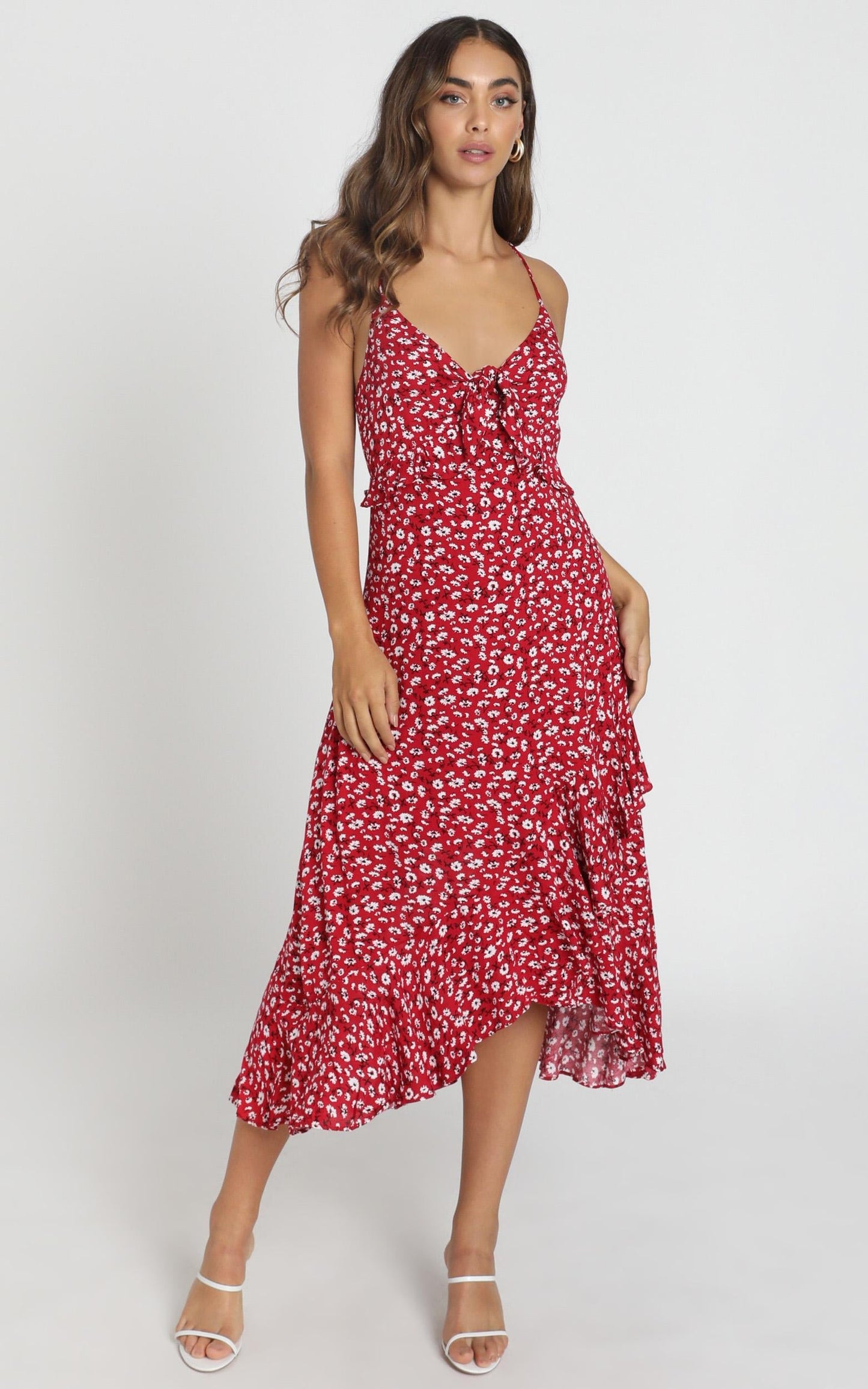 Chelsea Tie Front Midi Dress in Red Floral