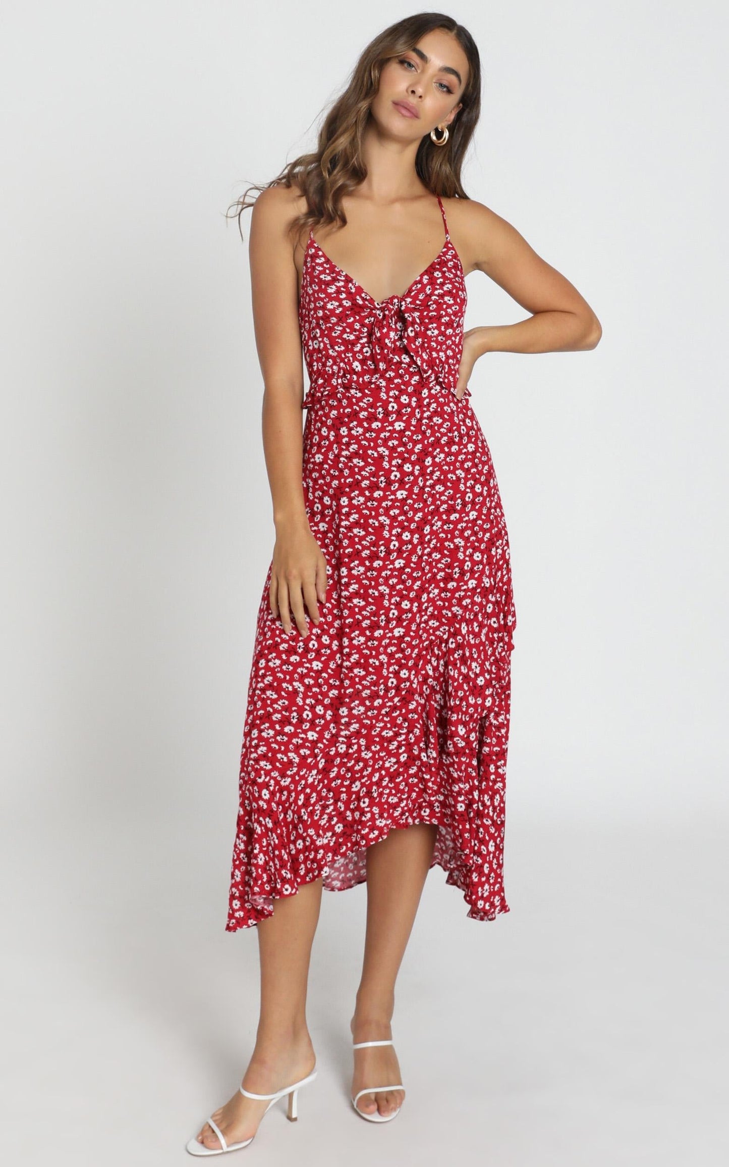 Chelsea Tie Front Midi Dress in Red Floral