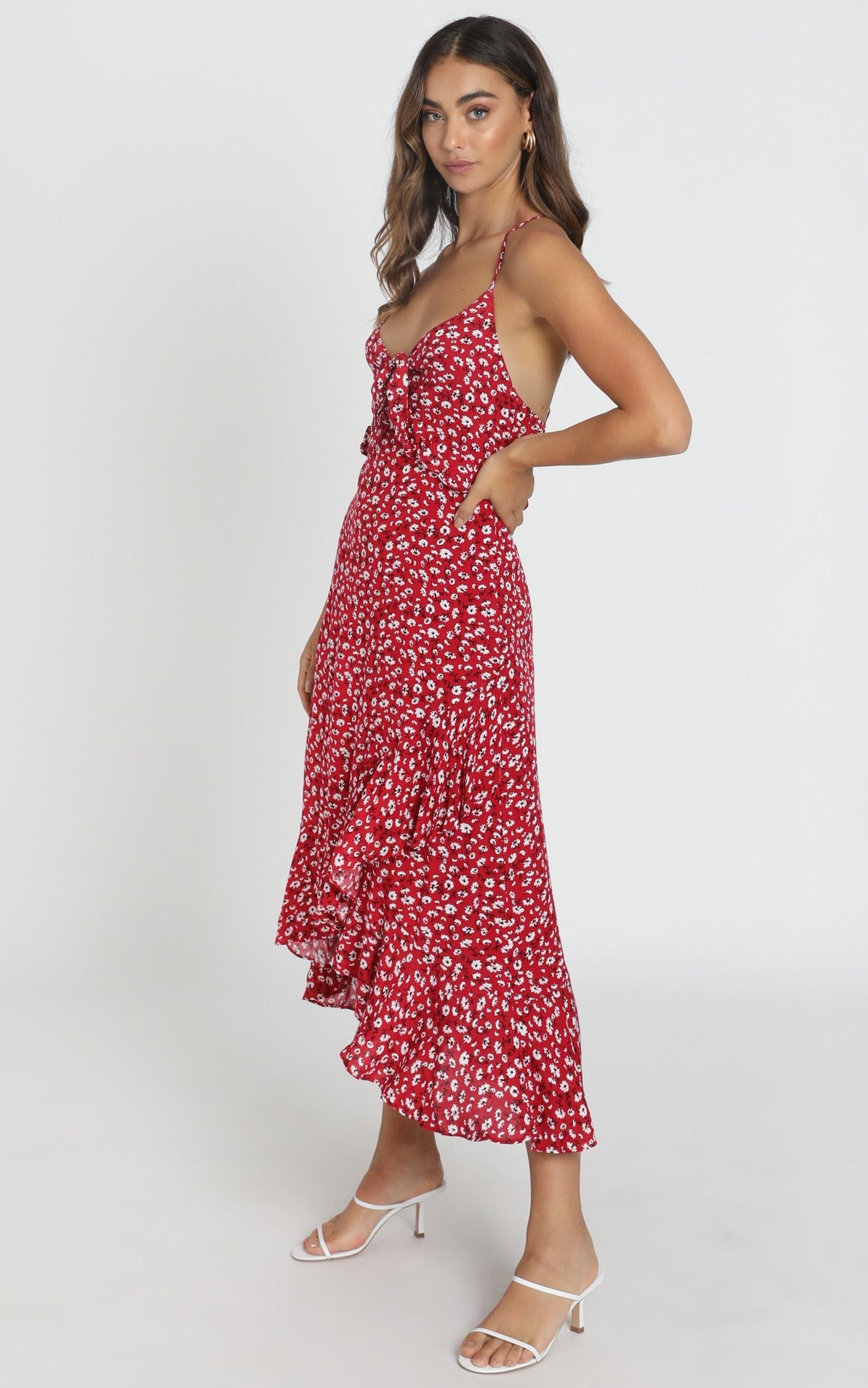 Chelsea Tie Front Midi Dress in Red Floral
