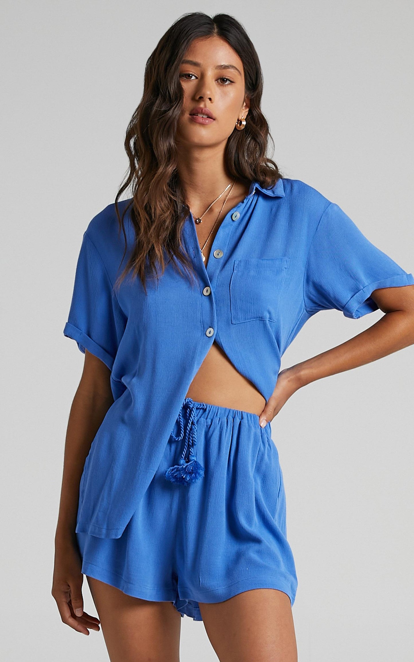Jubilee Two Piece Set - Button Up Shirt and Shorts Set in Cobalt