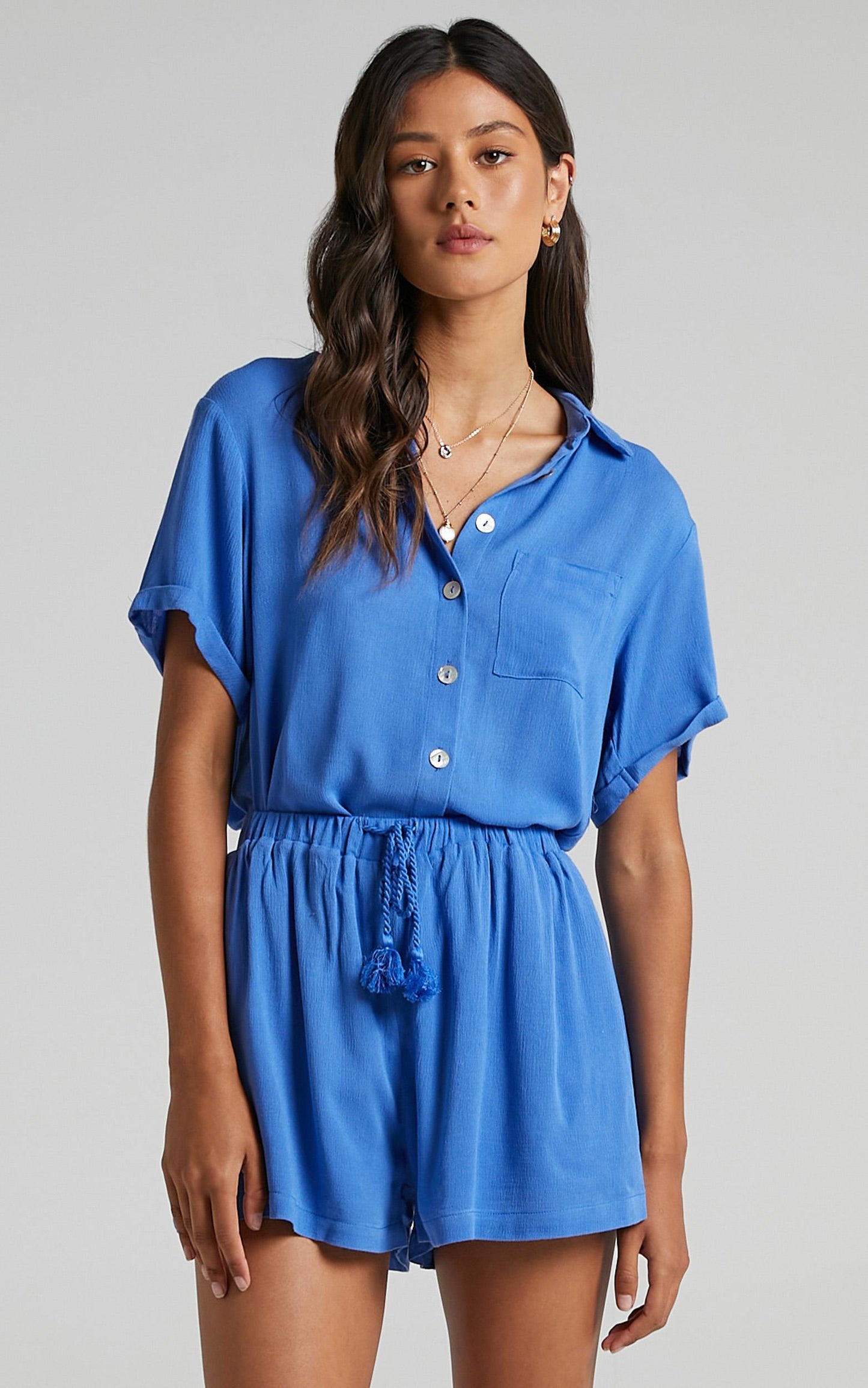 Jubilee Two Piece Set - Button Up Shirt and Shorts Set in Cobalt