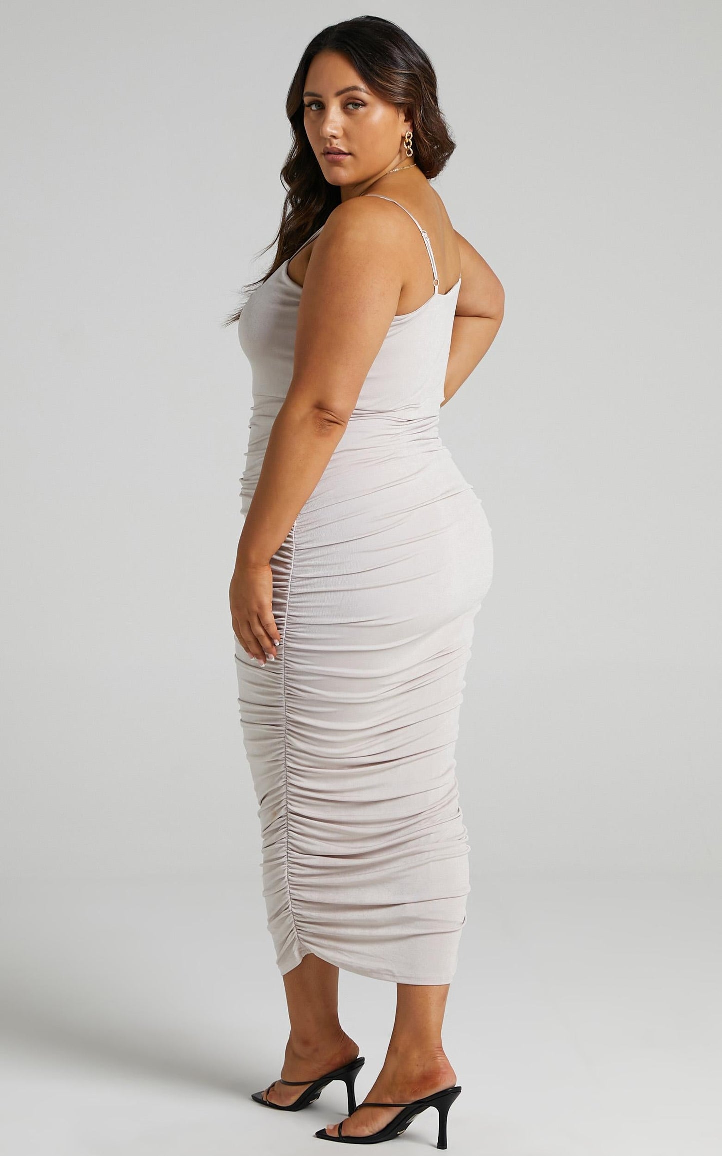 Commit To Me Midi Dress - Strappy Bodycon Dress in Stone