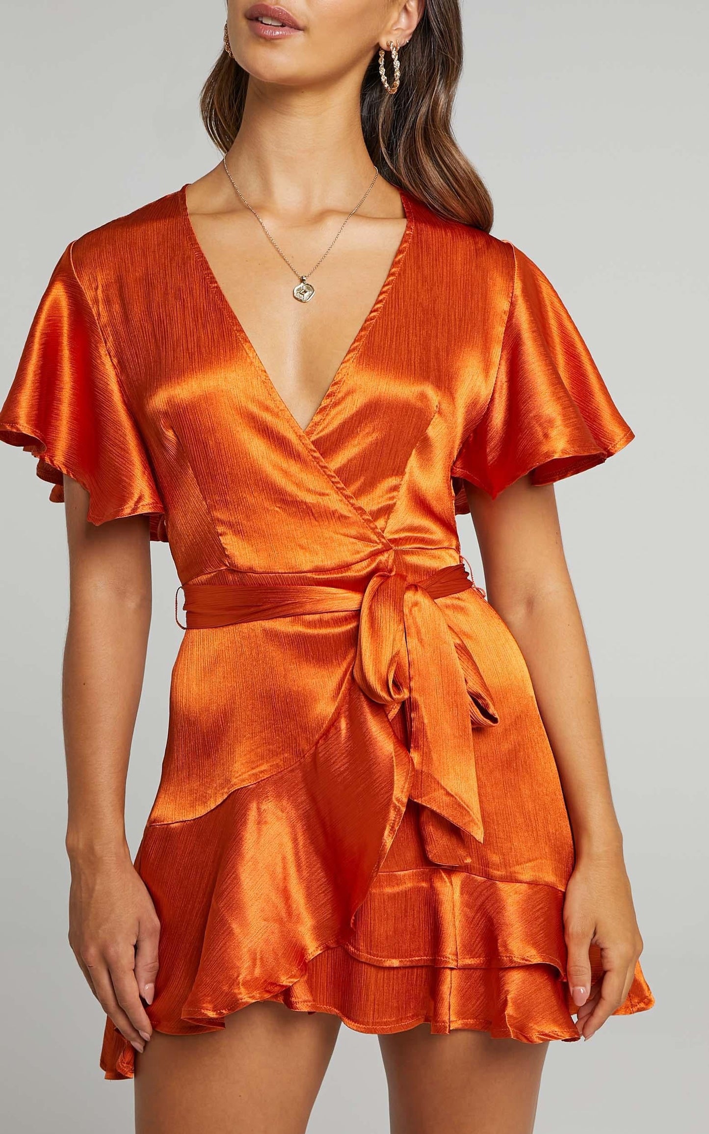 All I Want To Be Ruffle Mini Dress in Copper Satin