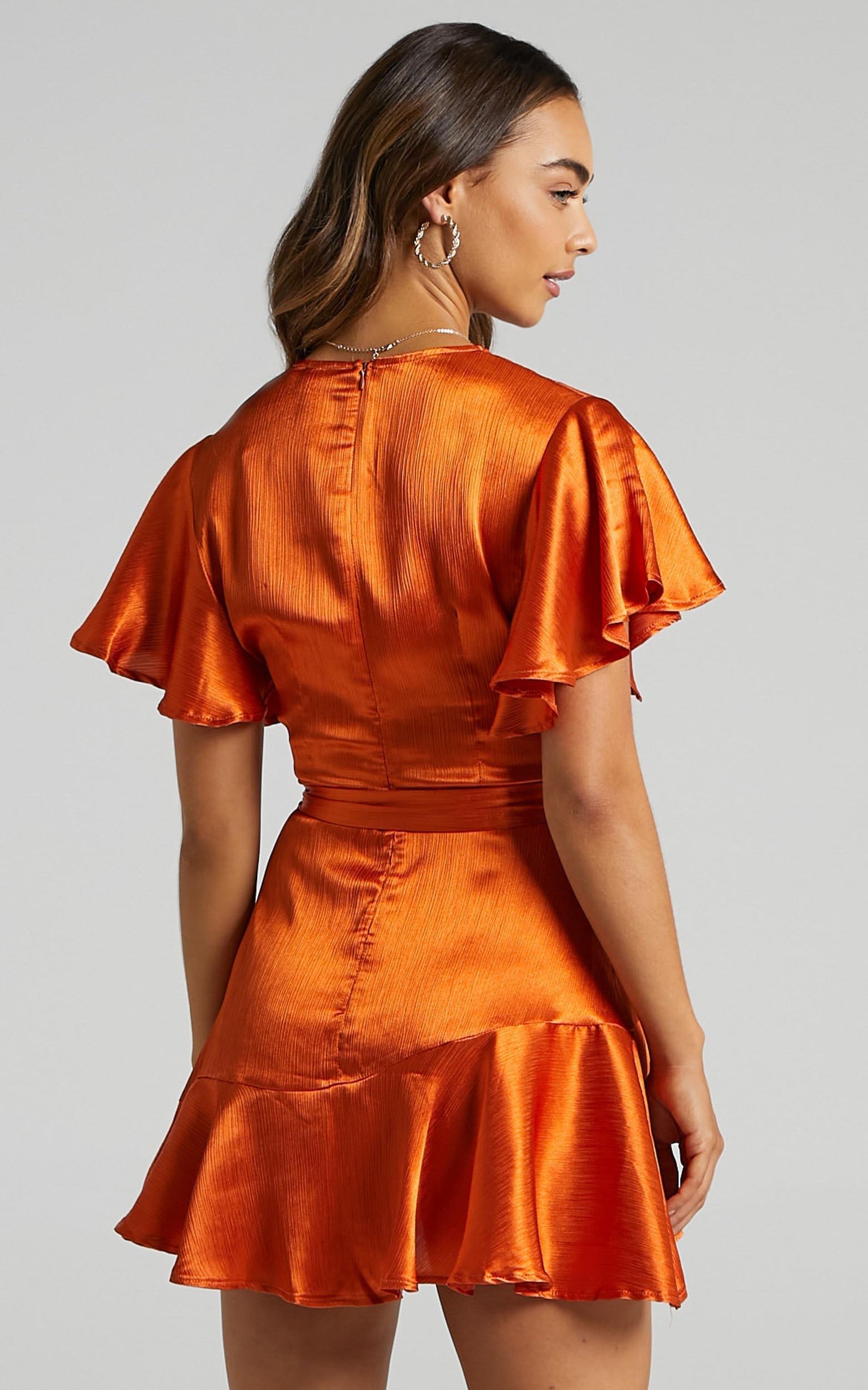 All I Want To Be Ruffle Mini Dress in Copper Satin