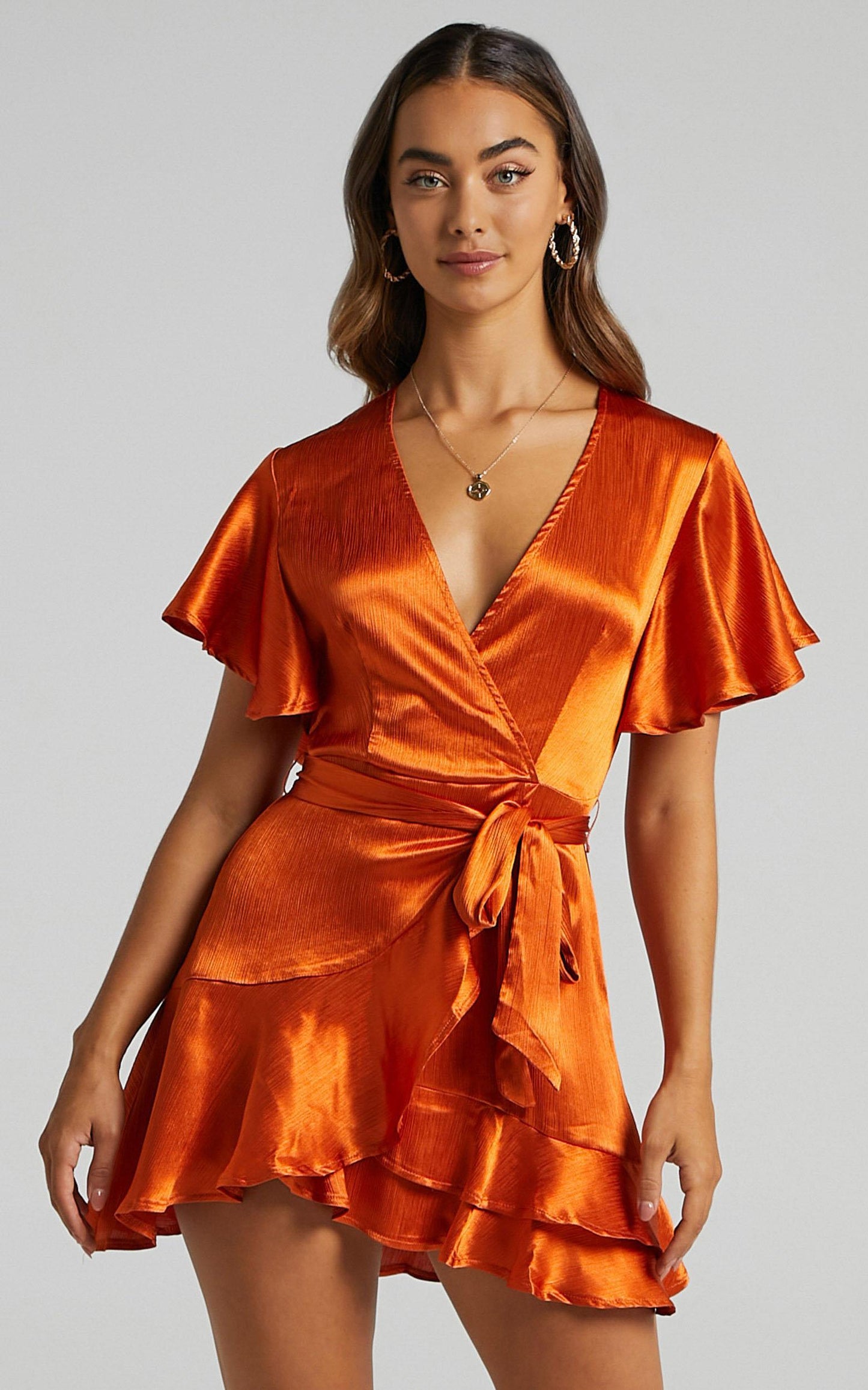 All I Want To Be Ruffle Mini Dress in Copper Satin