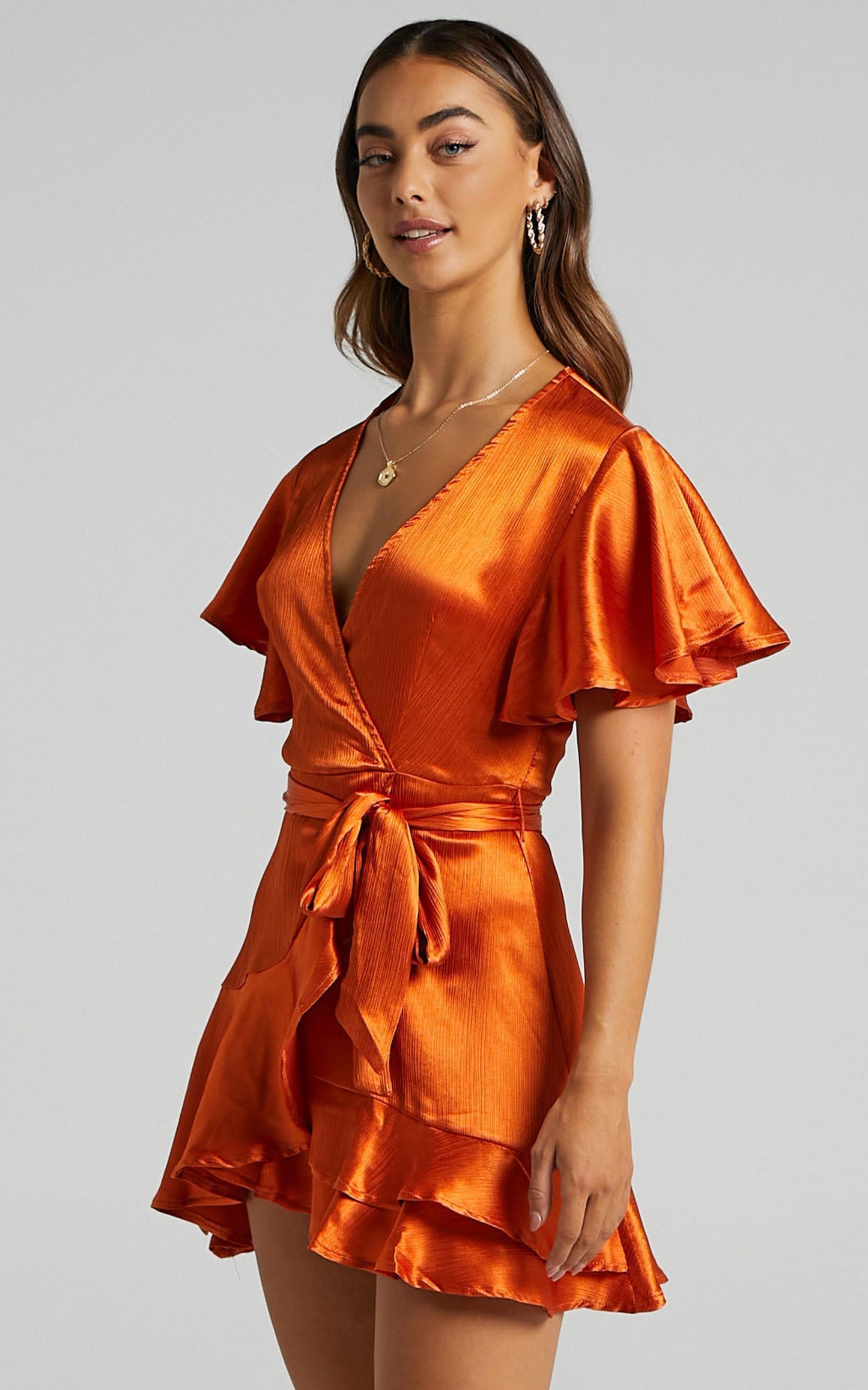 All I Want To Be Ruffle Mini Dress in Copper Satin