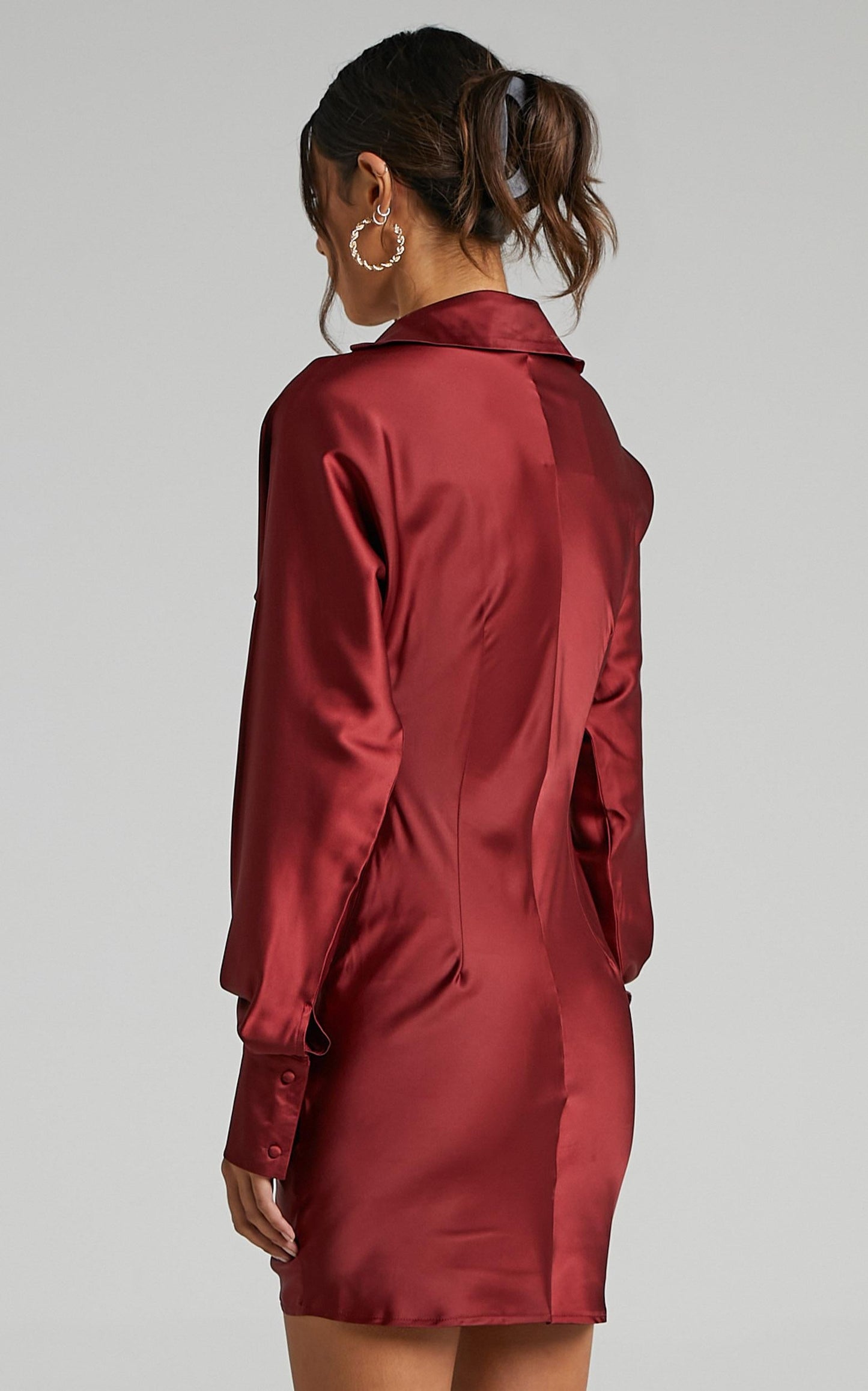 Cordyline Ruched Mini Dress in Wine Satin