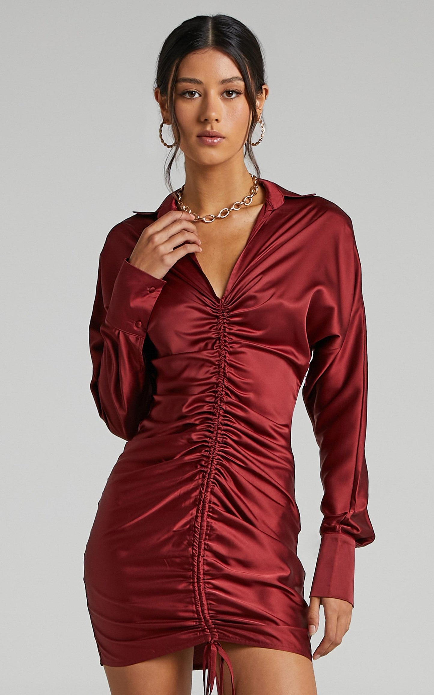 Cordyline Ruched Mini Dress in Wine Satin