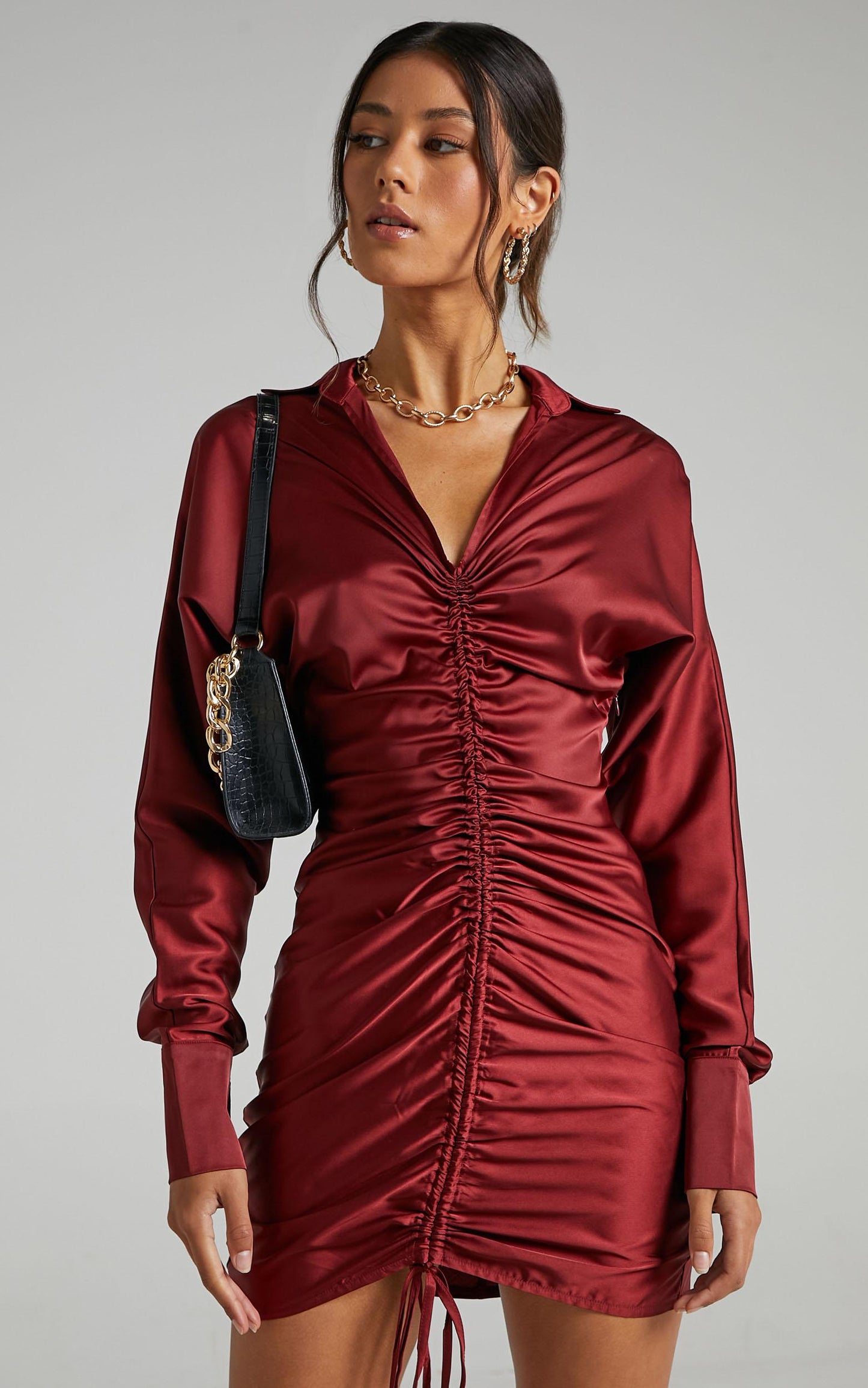 Cordyline Ruched Mini Dress in Wine Satin