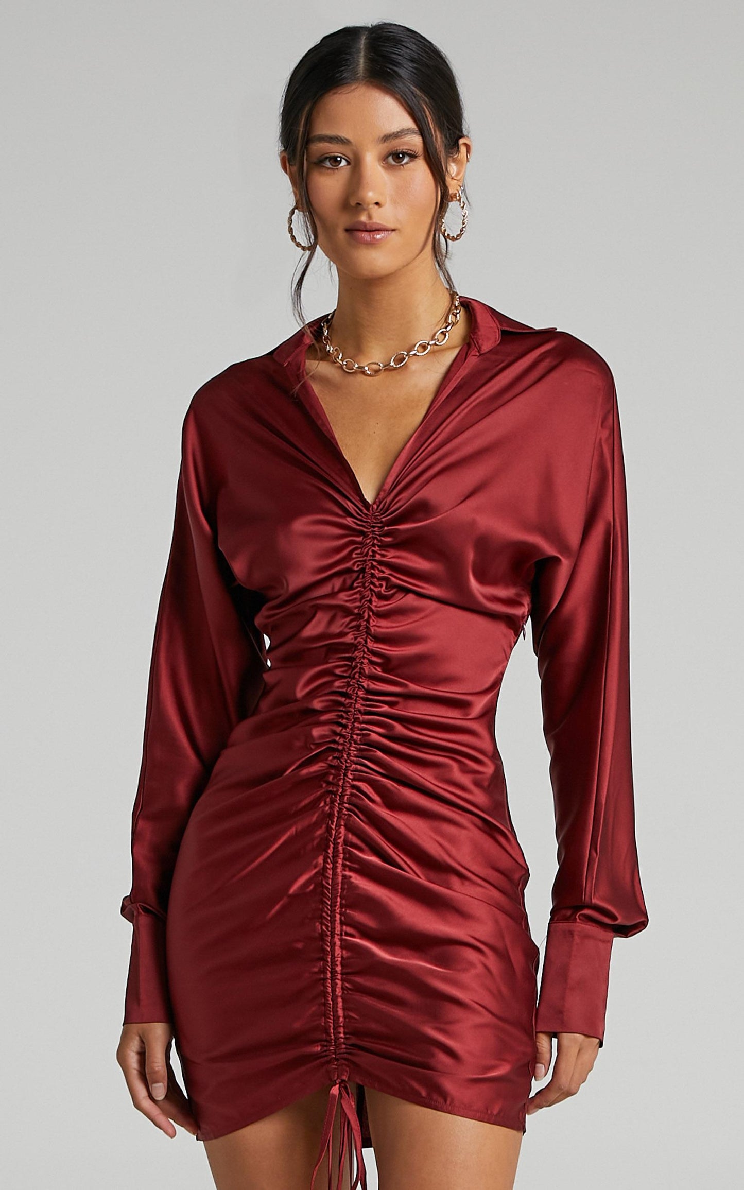 Cordyline Ruched Mini Dress in Wine Satin