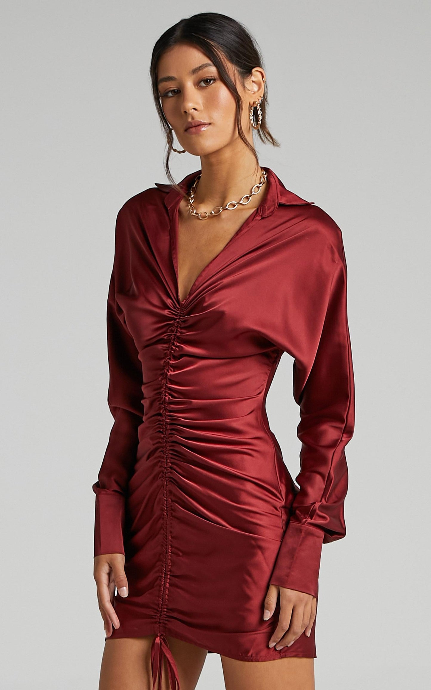 Cordyline Ruched Mini Dress in Wine Satin