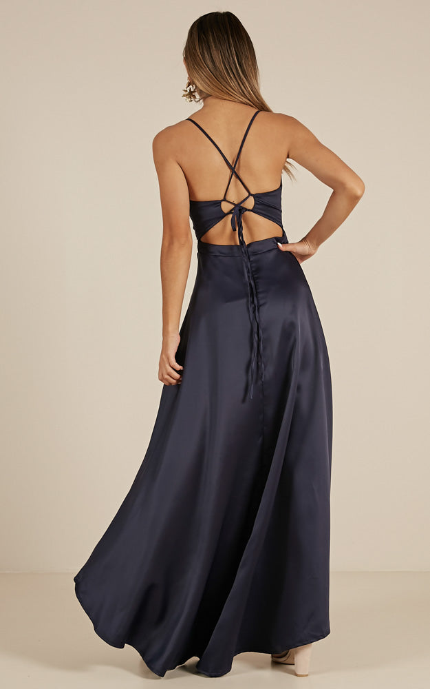 Rich Girl Maxi Dress In Navy Satin