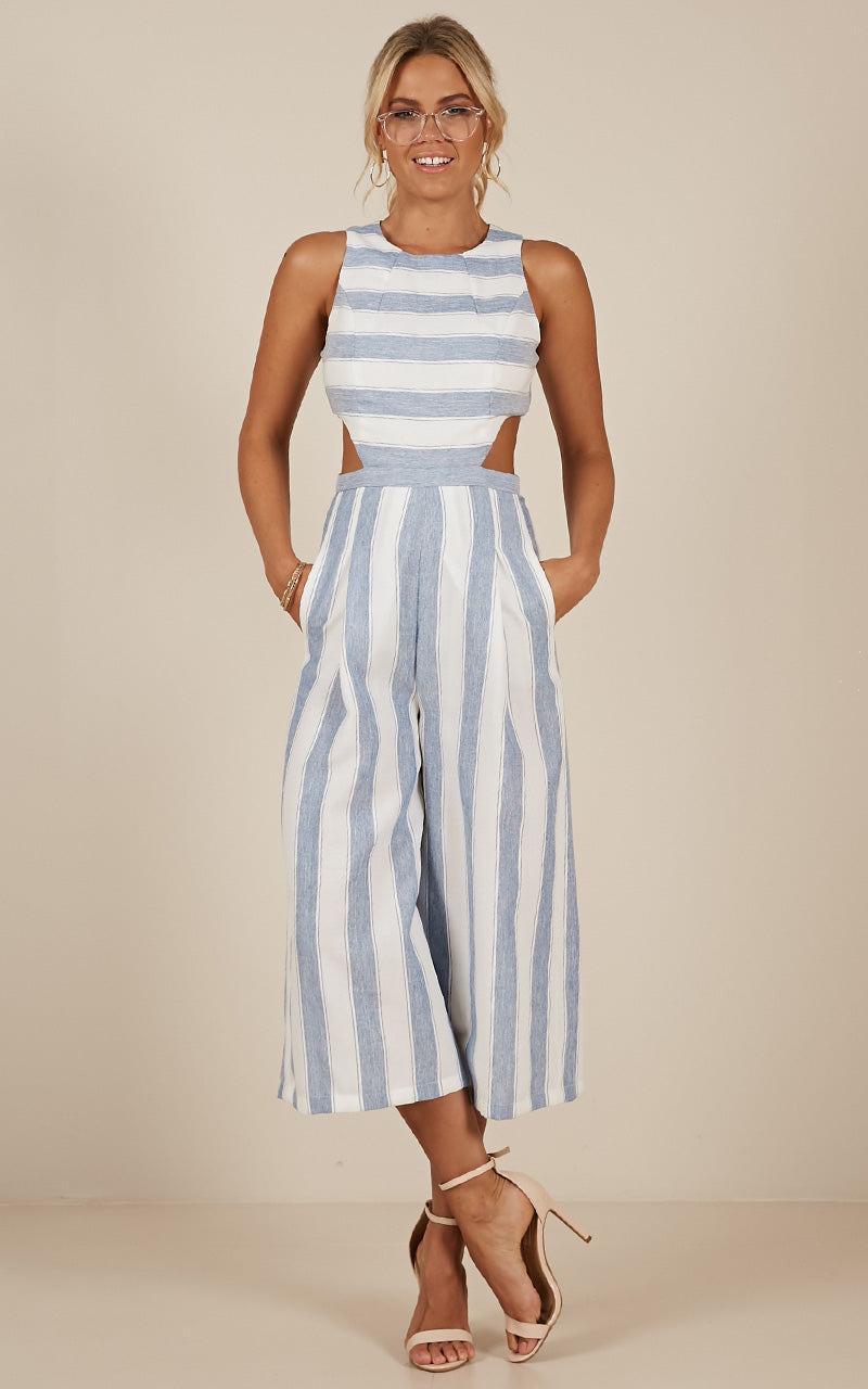 Out Dream Yourself Jumpsuit In Blue Stripe Linen Look